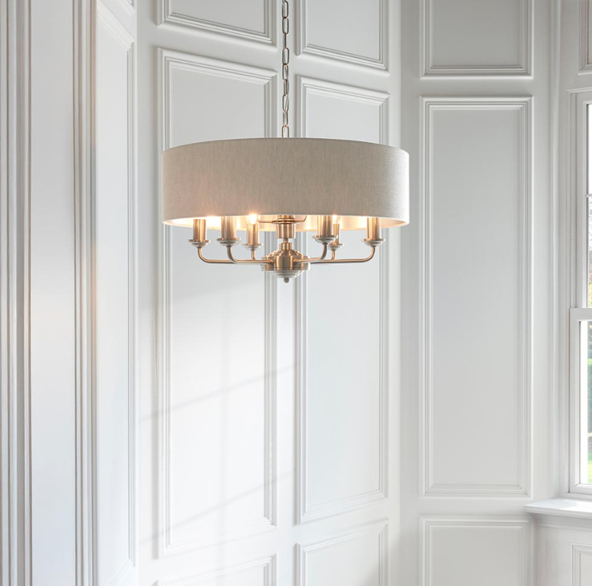 Endon Highclere 6 Light Pendant - Brushed Chrome Plate & Neutral Linen