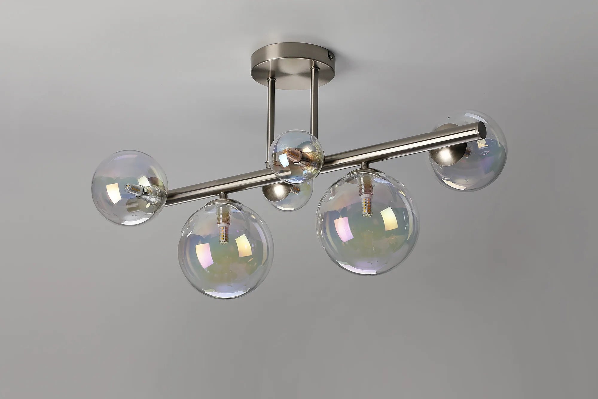 Deacon Semi Flush Ceiling Light - 6 Light - Satin Nickel Iridescent Plated Glass