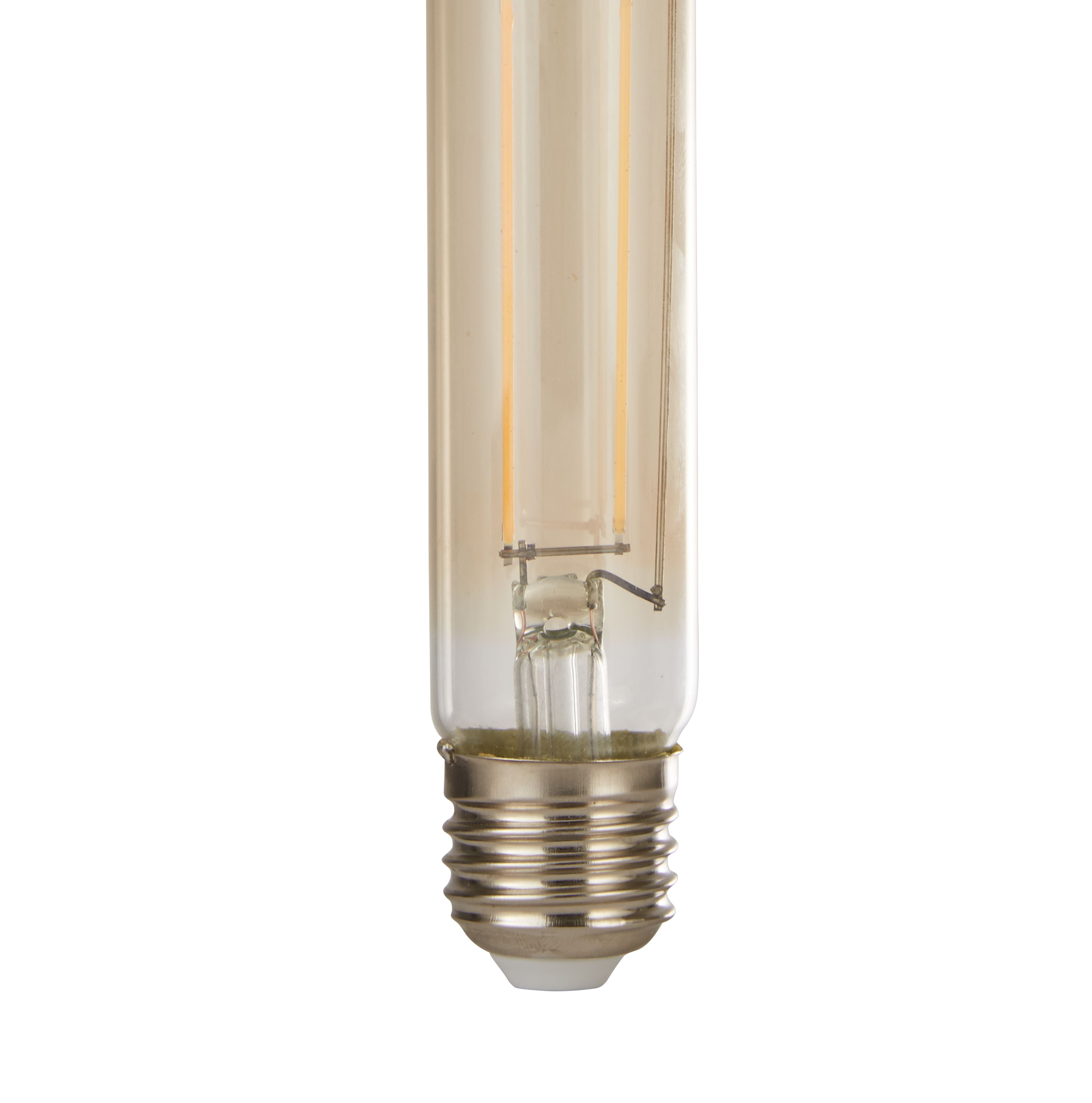 Close up of the E27 screw base and visible filament on the Searchlight amber tubular LED bulb