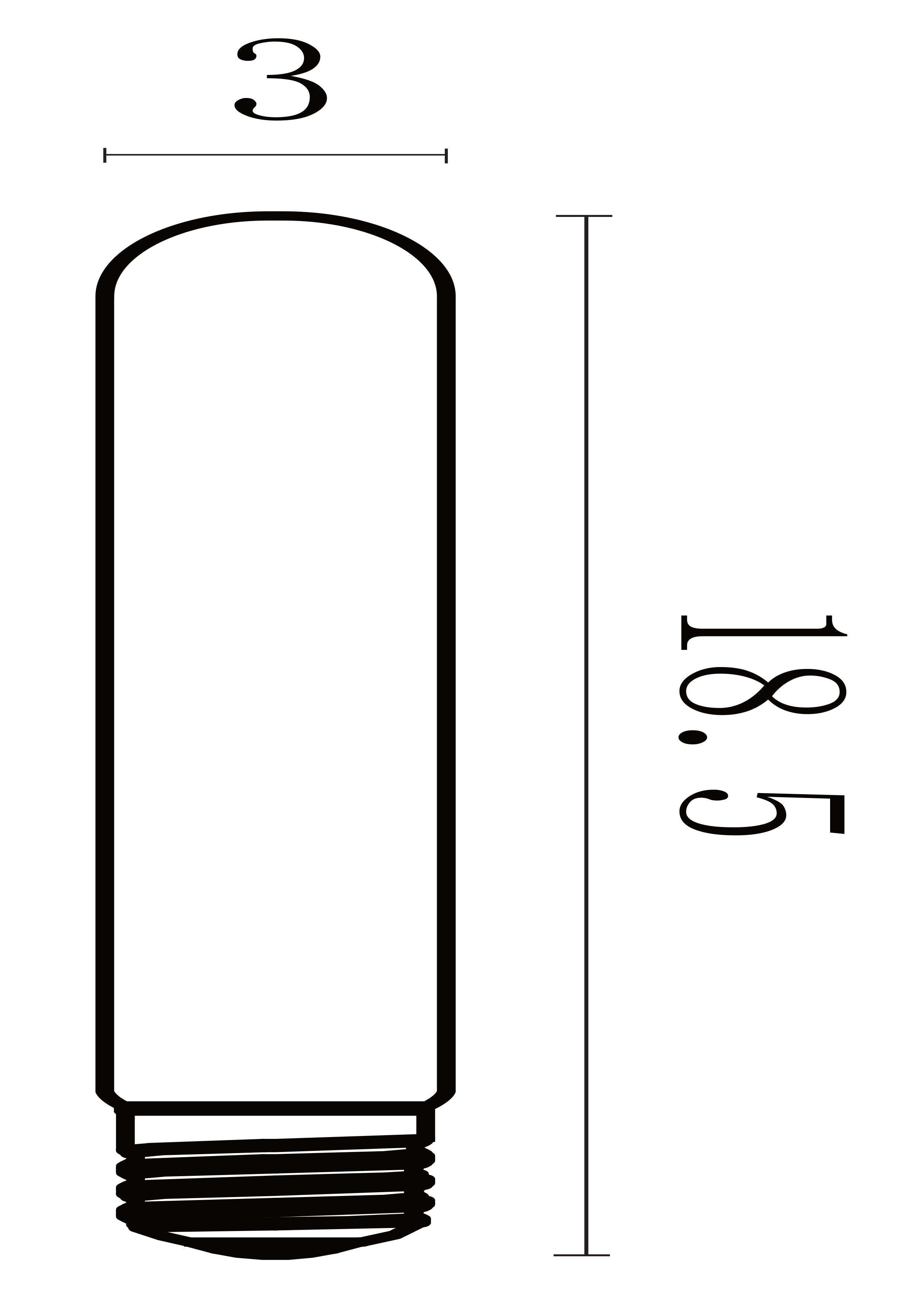 Technical line drawing of the Searchlight amber tubular LED bulb showing a height of 18.5cm and width of 3cm