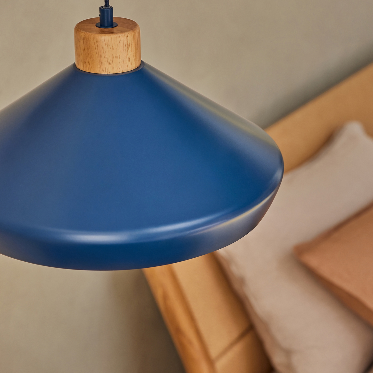MADE.COM Albert Pendant in Navy Blue with Rubberwood Detail
