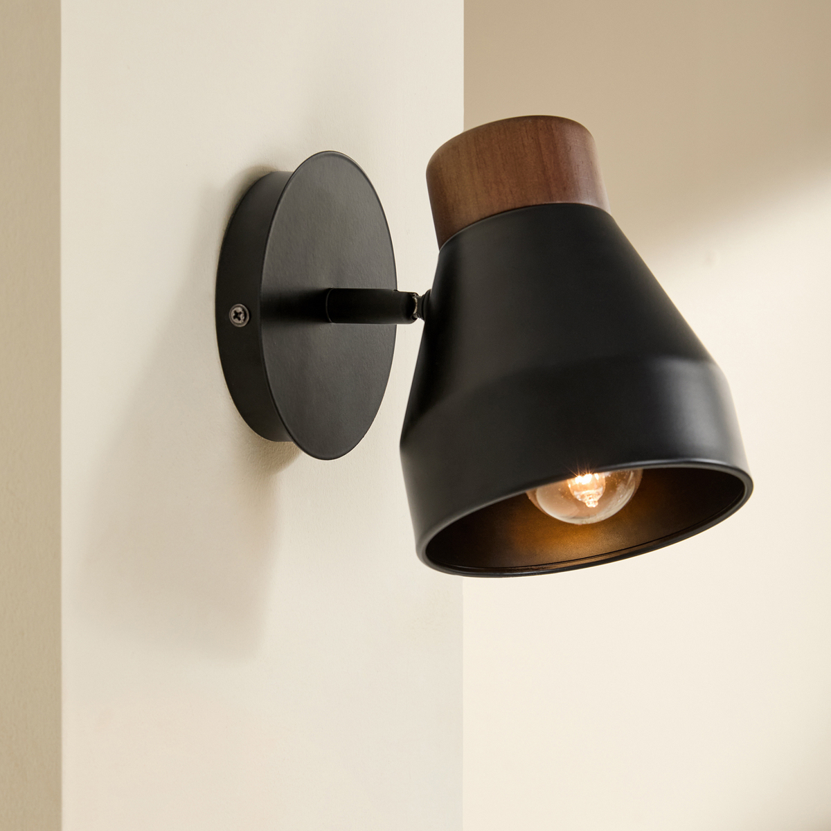 MADE.COM Albert Wall Spotlight in Matt Black with Rubberwood Detail