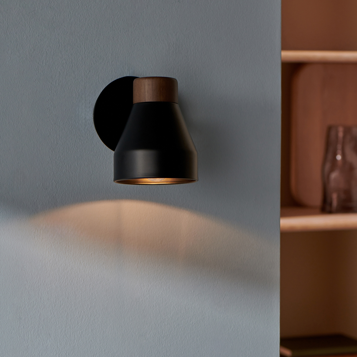 MADE.COM Albert Wall Spotlight in Matt Black with Rubberwood Detail