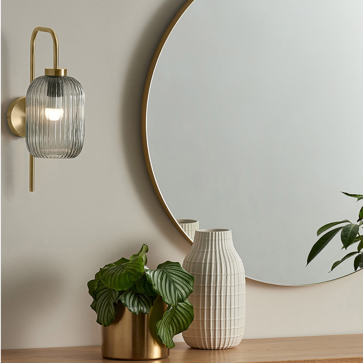 MADE.COM Briz Wall Light in Antique Brass with Ribbed Grey Glass Shade