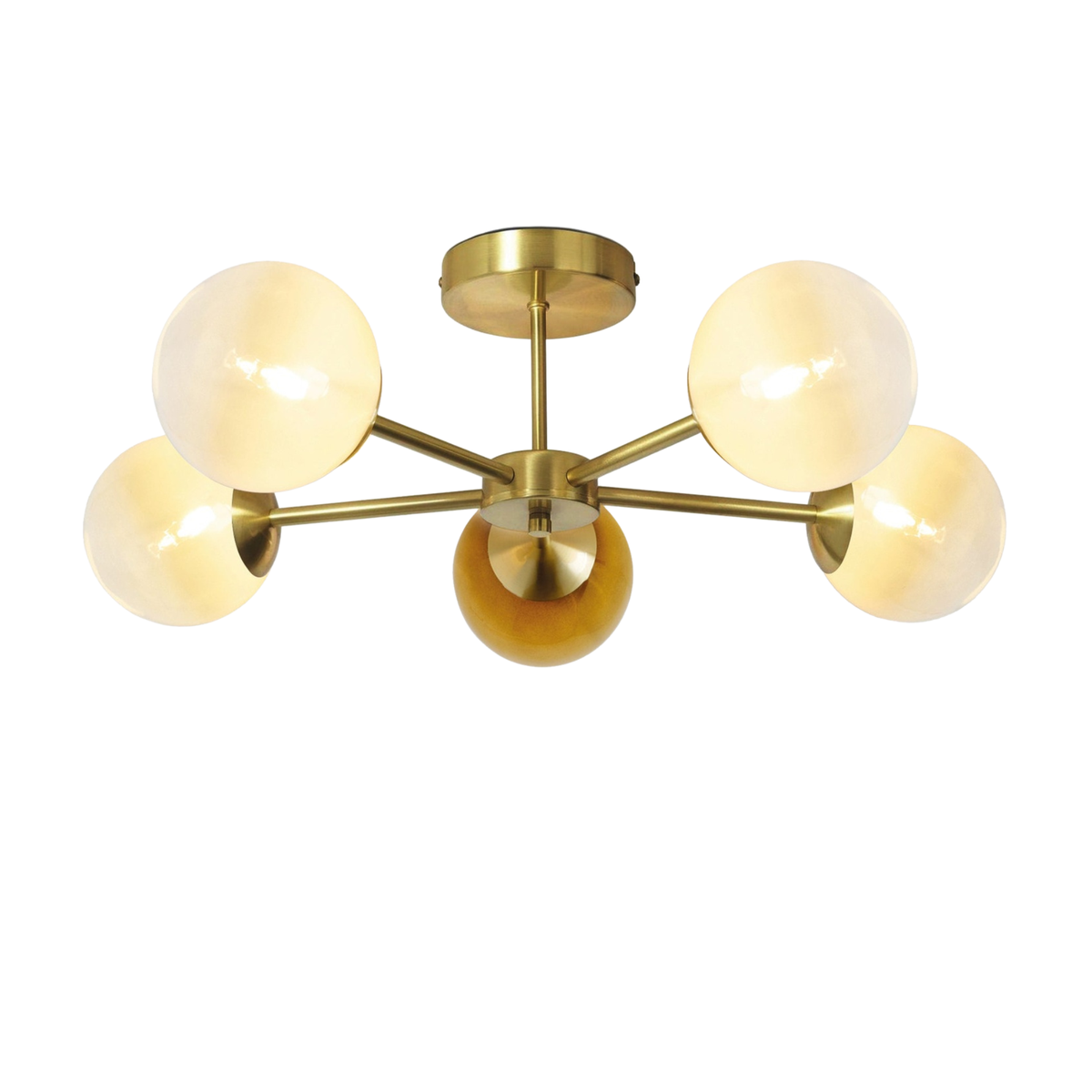 MADE.COM Globe 5 Light Flush Ceiling Light in Brushed Brass with Green Ombre Glass Globes