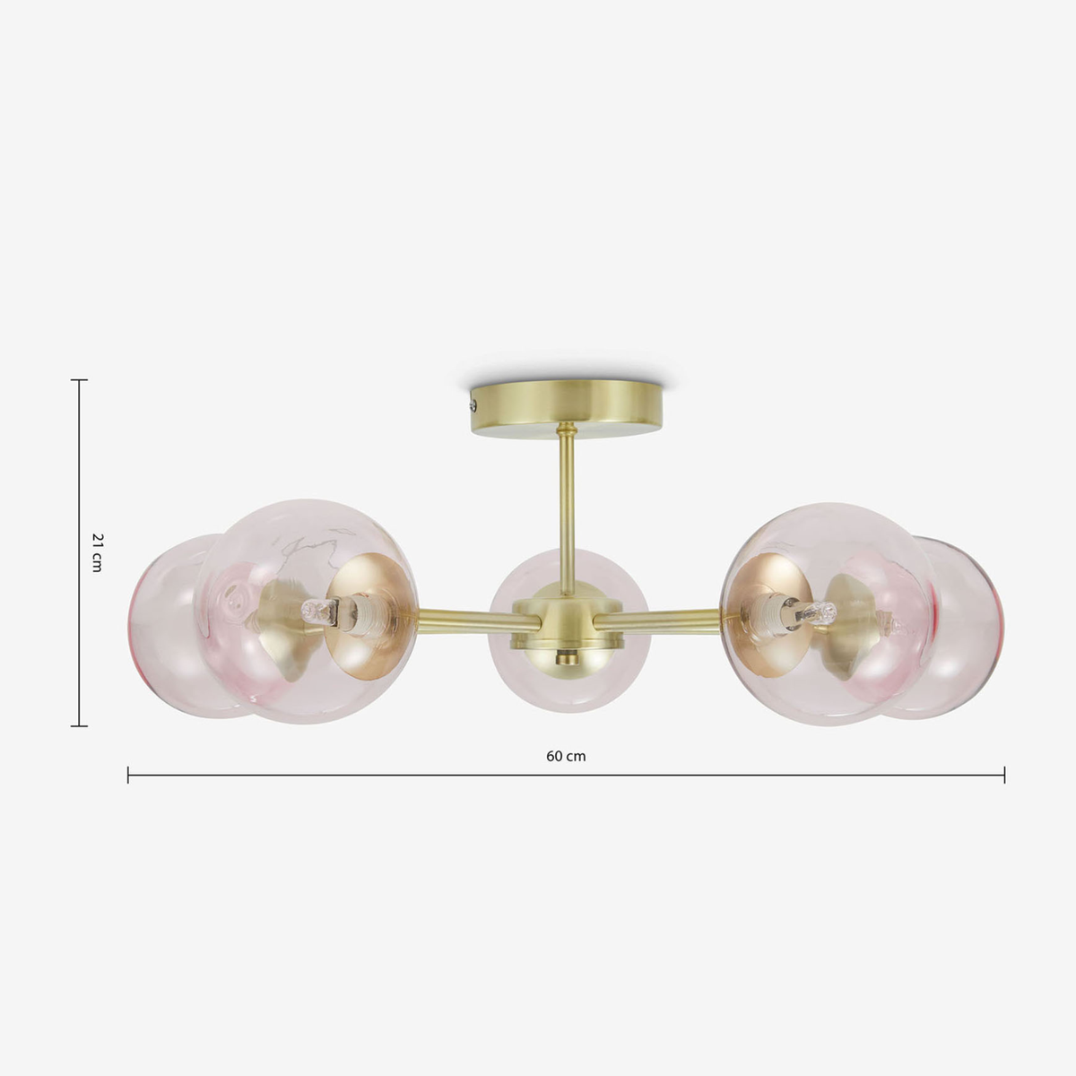 MADE.COM Globe 5 Light Flush Ceiling Light in Brushed Brass with Pink Tinted Glass Globes