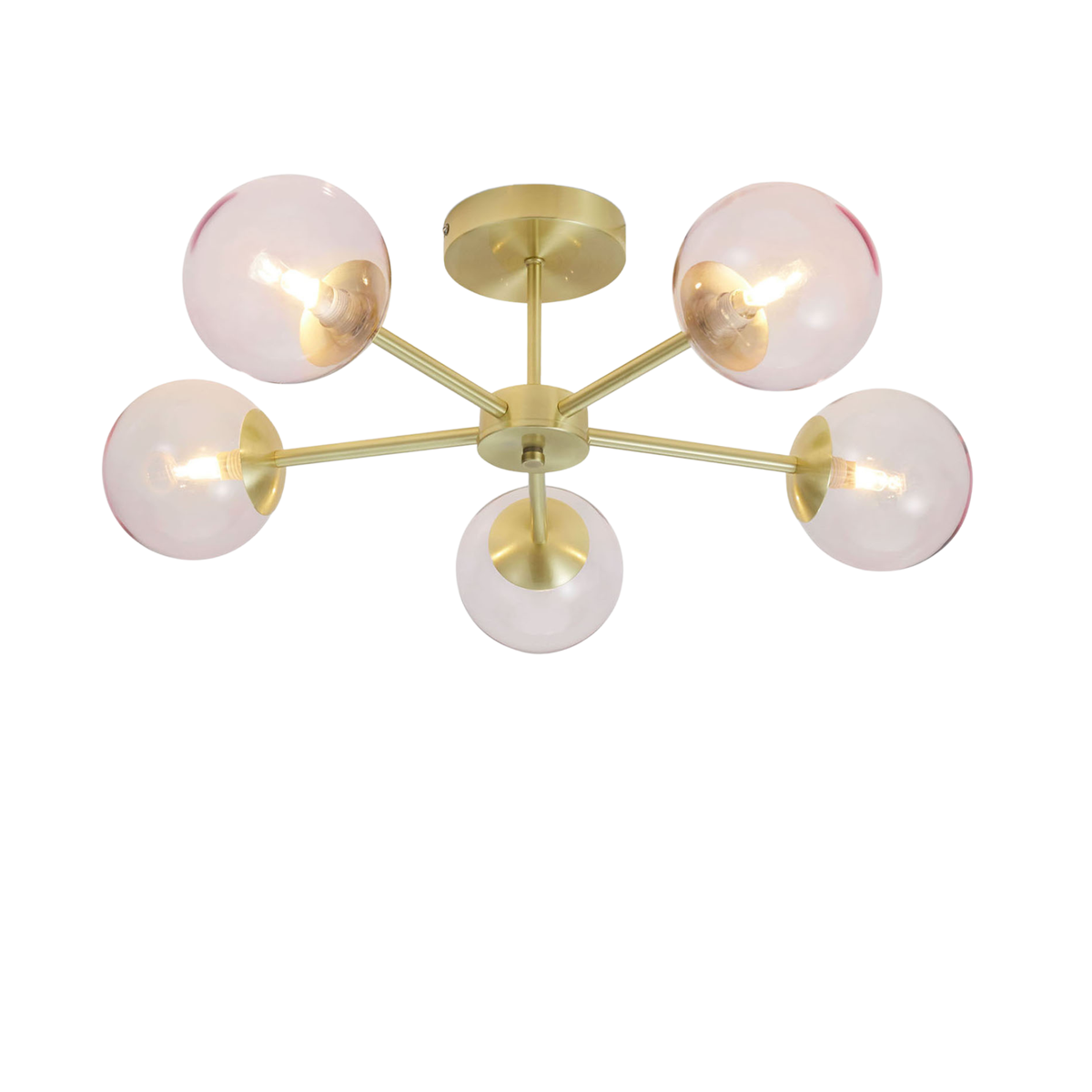 MADE.COM Globe 5 Light Flush Ceiling Light in Brushed Brass with Pink Tinted Glass Globes