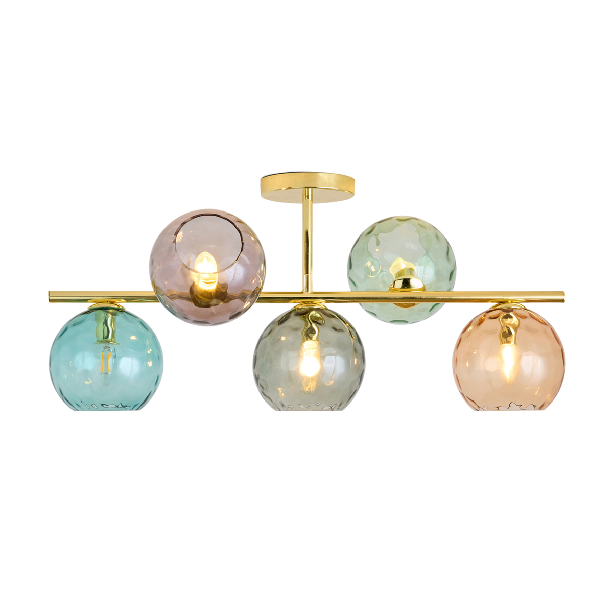 MADE.COM Ilaria 5 Light Flush Ceiling Light in Polished Brass with Blue Toned Dimpled Glass Shades