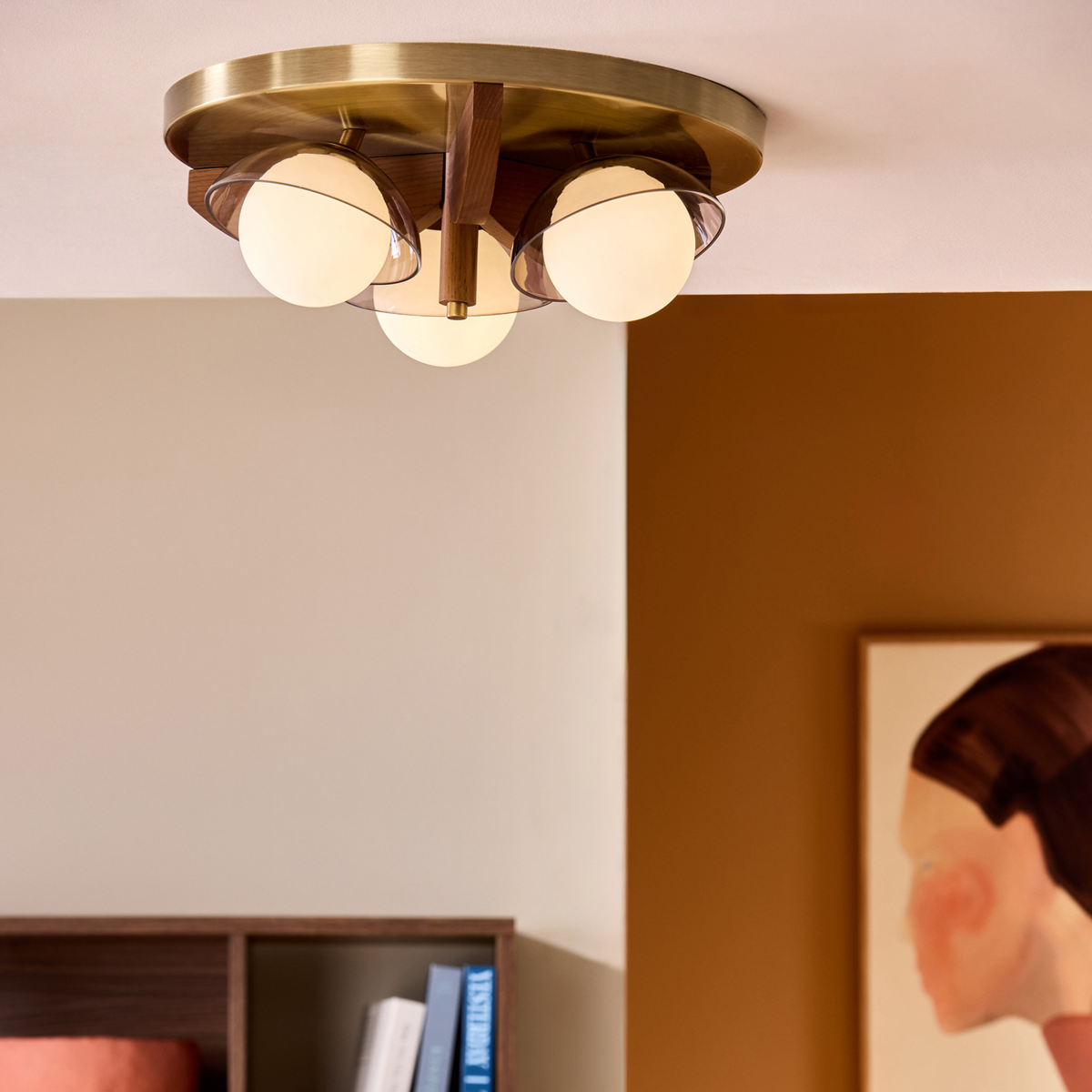 MADE.COM Layla 3 Light Flush Ceiling Light in Antique Brass & Walnut with Smoked & Opal Glass Shades
