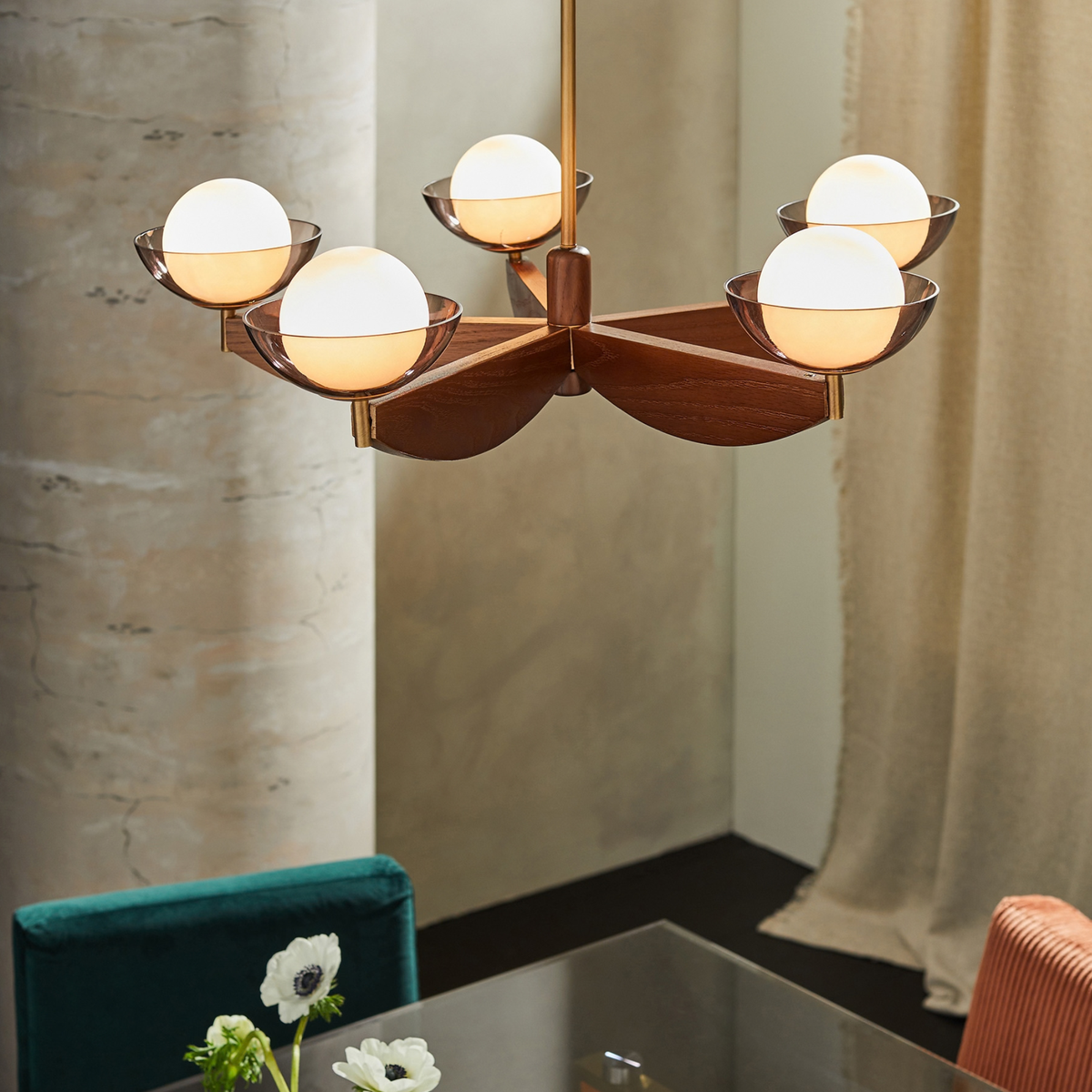 MADE.COM Layla Large Ceiling Light in Walnut & Antique Brass with Smoked & Opal Glass Shades