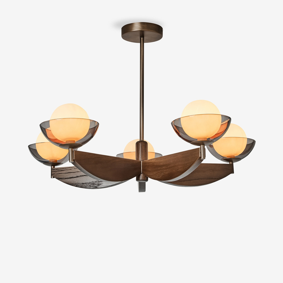 MADE.COM Layla Large Ceiling Light in Walnut & Antique Brass with Smoked & Opal Glass Shades