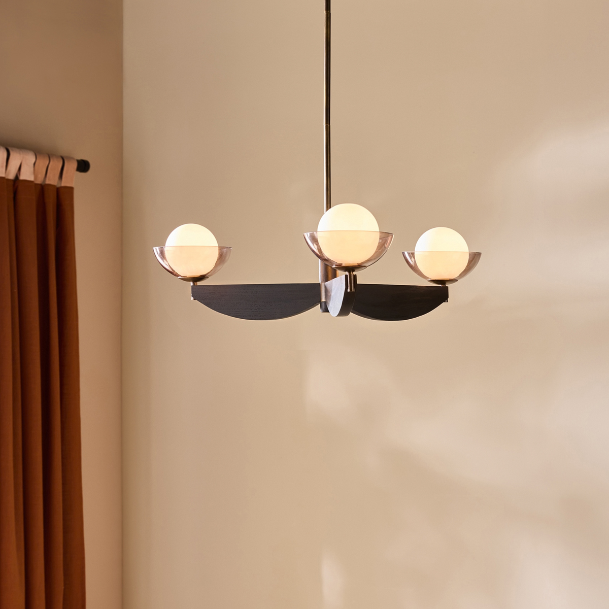 MADE.COM Layla Small Ceiling Light in Antique Brass & Black Wood with Smoked & Opal Glass Shades
