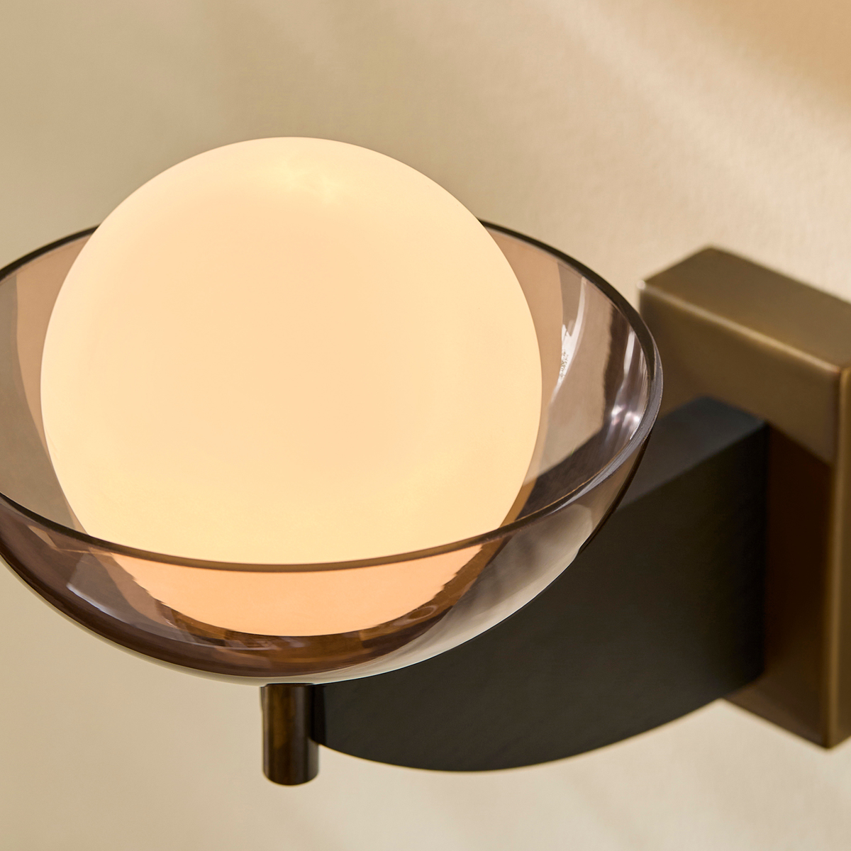 MADE.COM Layla Wall Light in Black Wood & Antique Brass with Smoked & Opal Glass Shade