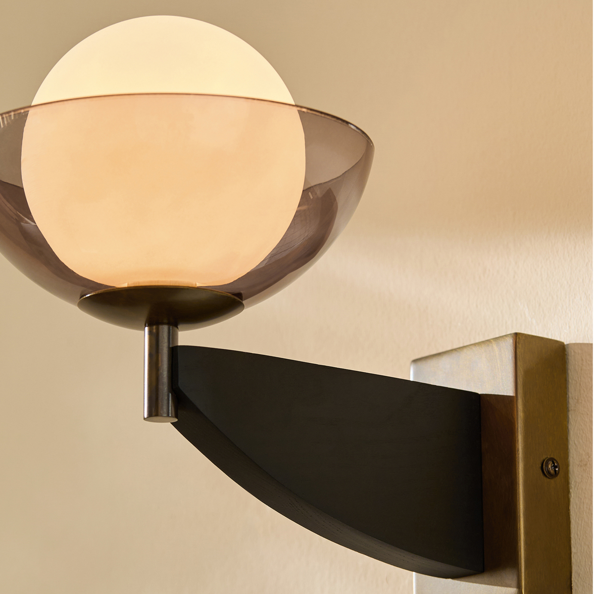 MADE.COM Layla Wall Light in Black Wood & Antique Brass with Smoked & Opal Glass Shade