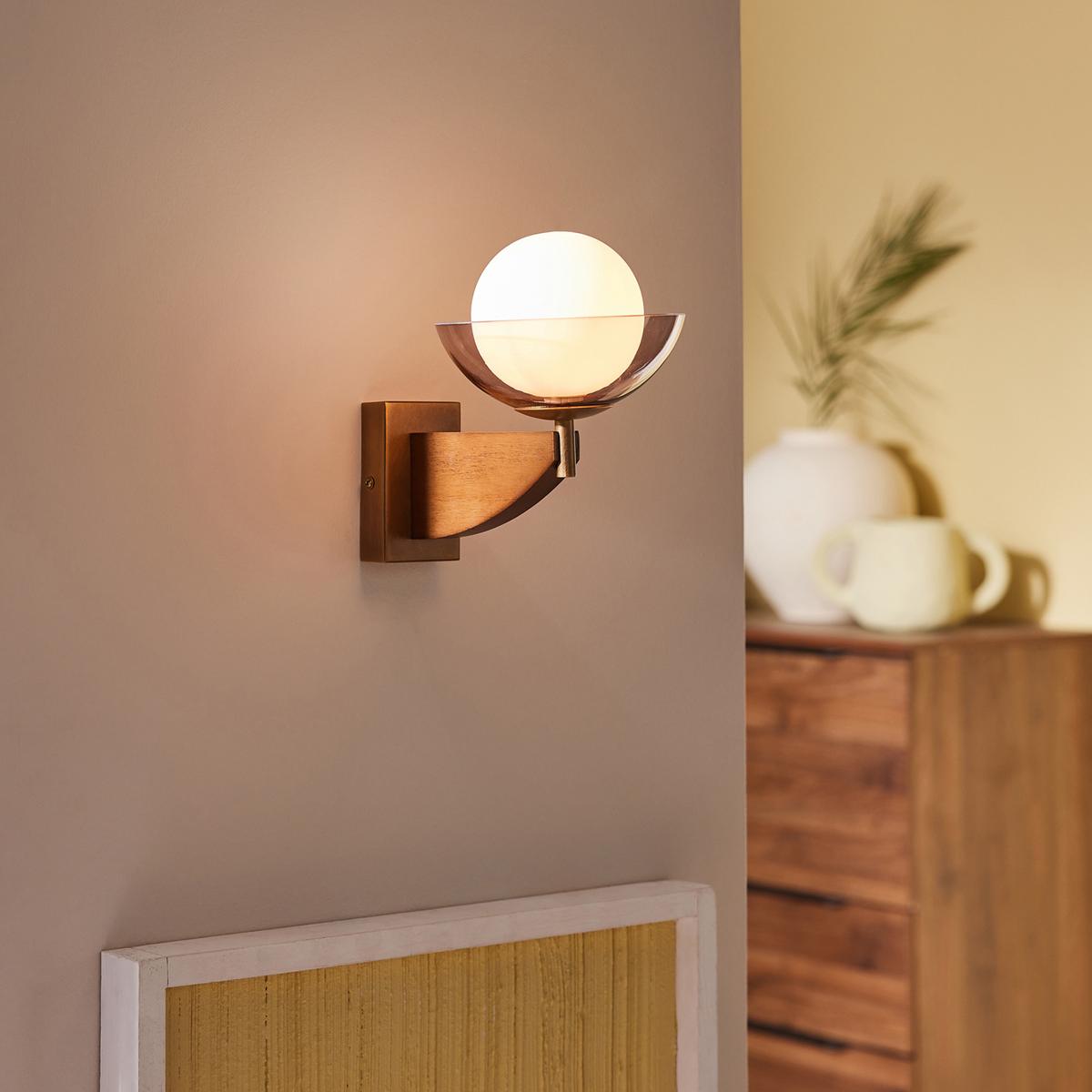MADE.COM Layla Wall Light in Antique Brass & Walnut with Smoked & Opal Glass Shade