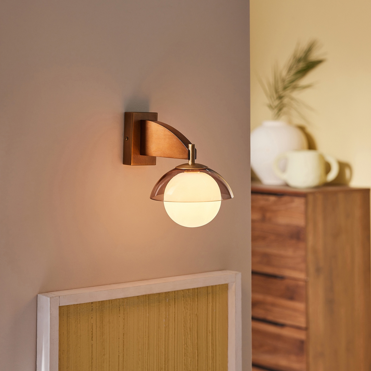 MADE.COM Layla Wall Light in Antique Brass & Walnut with Smoked & Opal Glass Shade