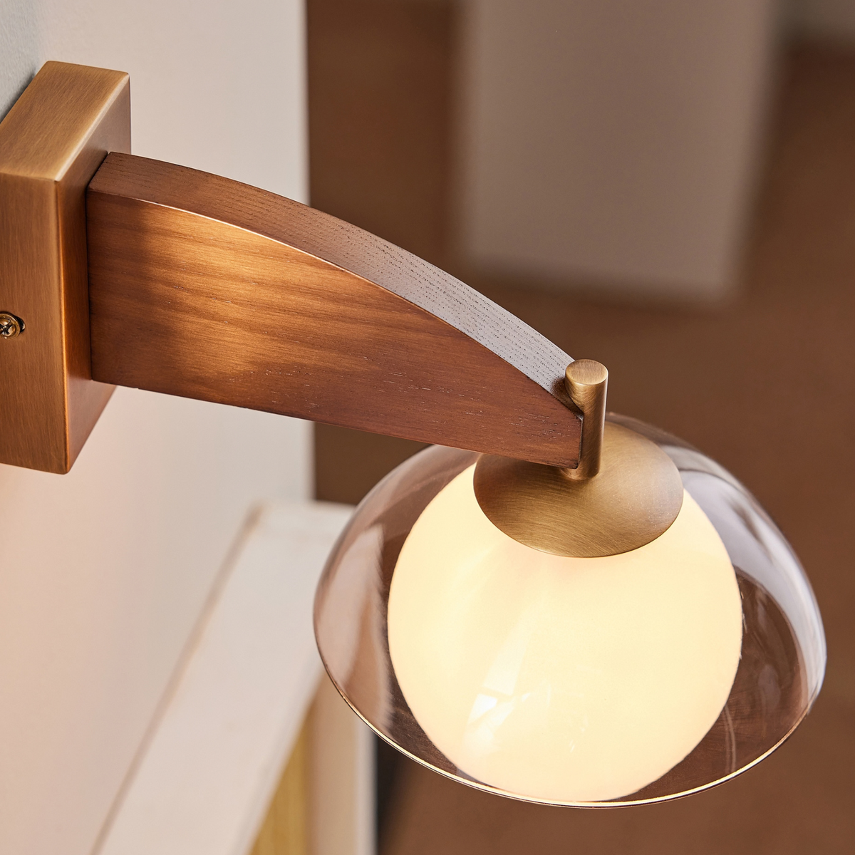 MADE.COM Layla Wall Light in Antique Brass & Walnut with Smoked & Opal Glass Shade