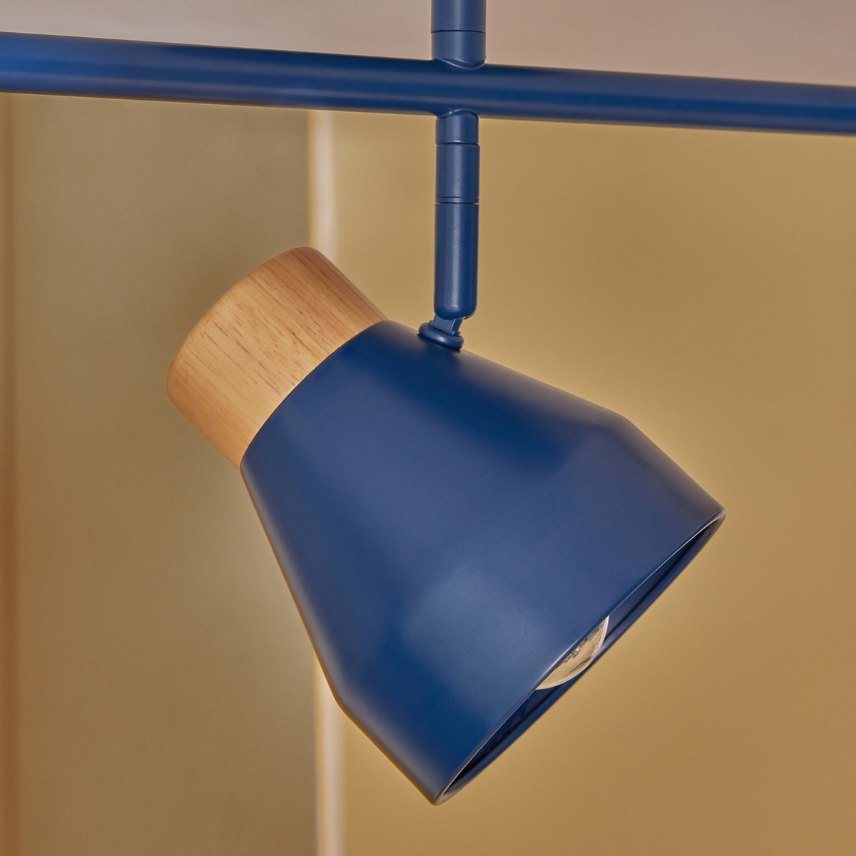 MADE.COM Albert 3 Light Linear Pendant in Navy Blue with Rubberwood Detail
