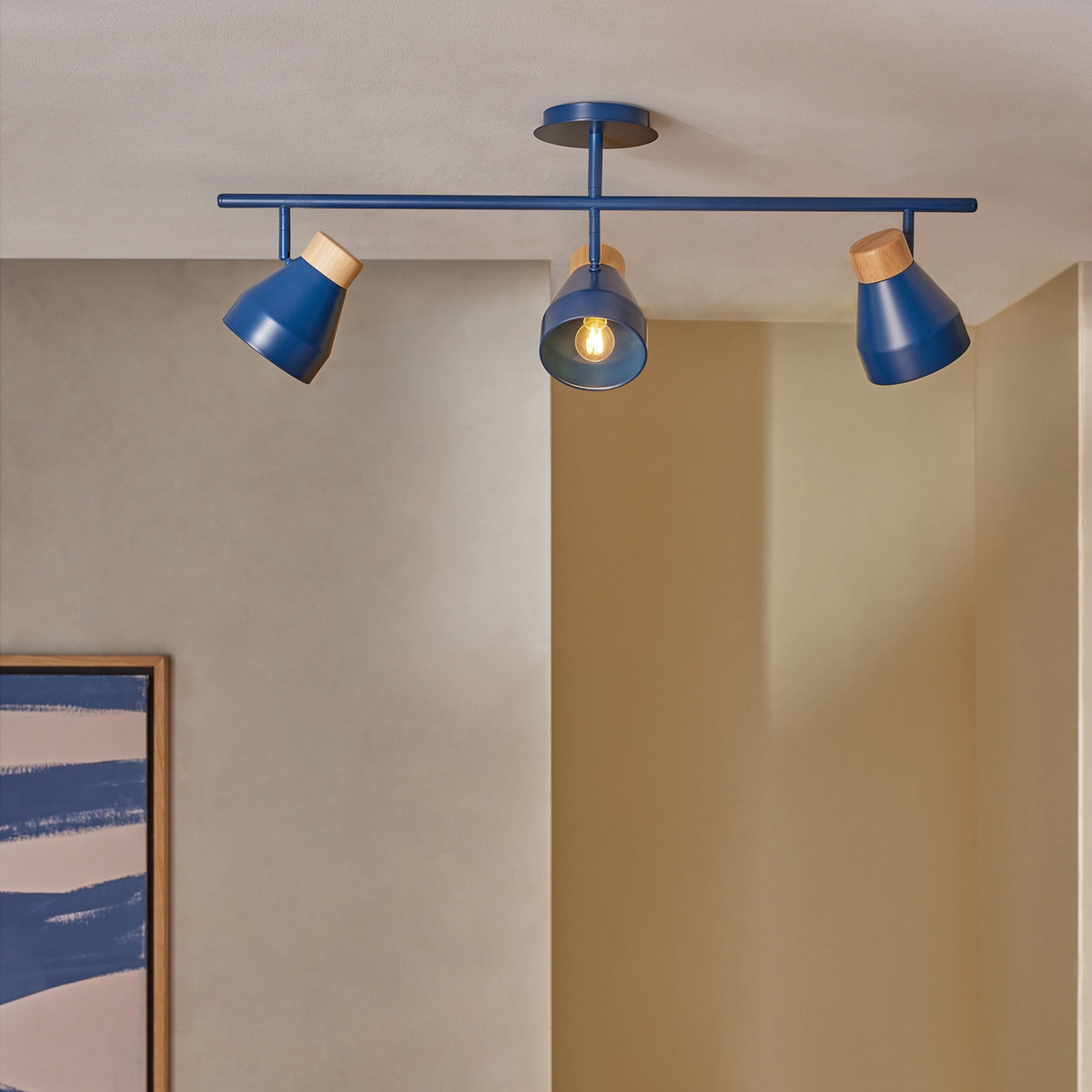 MADE.COM Albert 3 Light Linear Pendant in Navy Blue with Rubberwood Detail