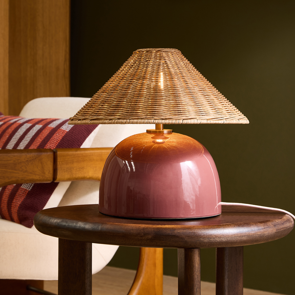 MADE.COM Nora Table Lamp - Burgundy Red & Rattan