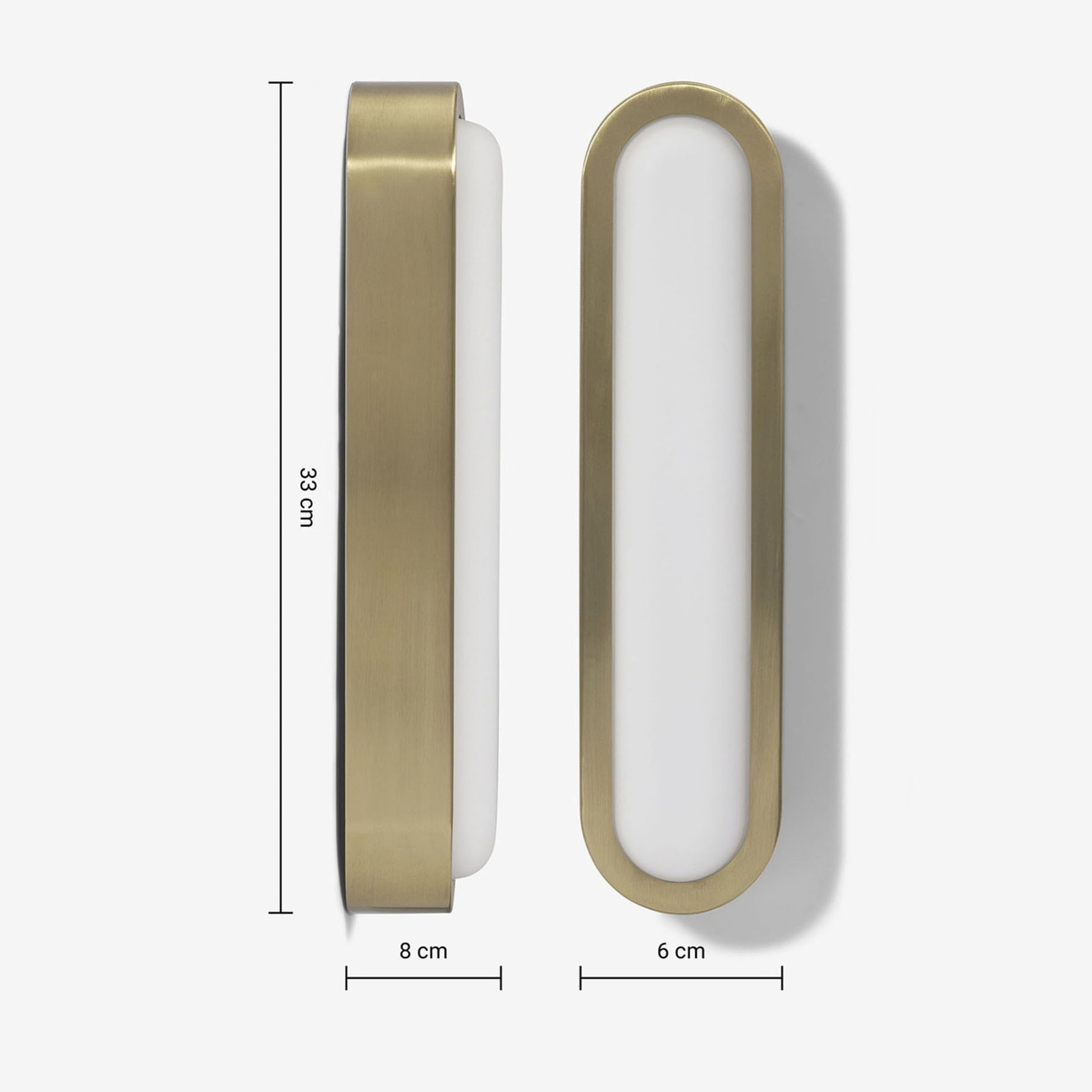 MADE.COM Nura antique brass wall light dimensions diagram showing 33 cm height and 8 cm by 6 cm profile