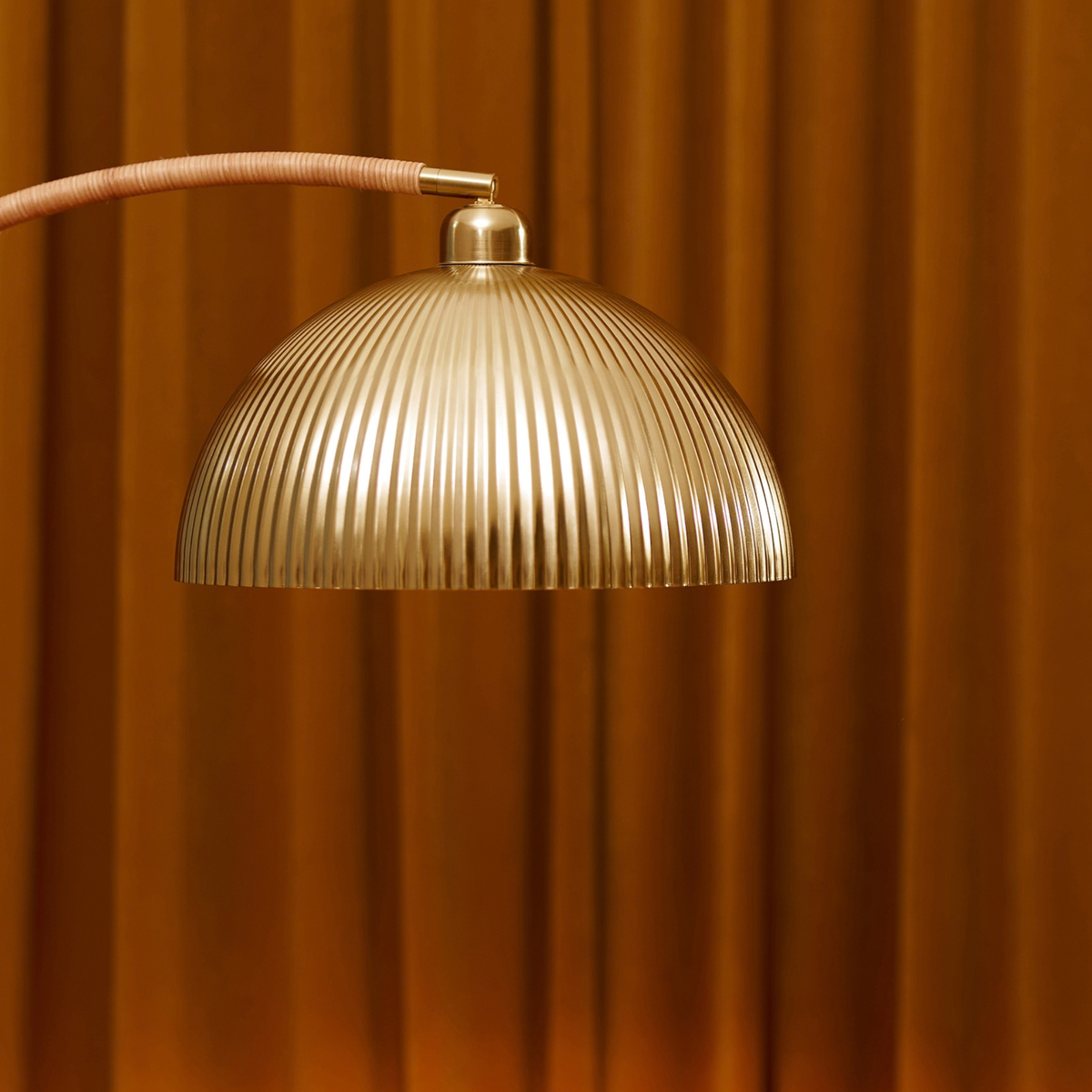 MADE.COM Shell Floor Lamp in Brass with Natural Rattan Wrapped Stem