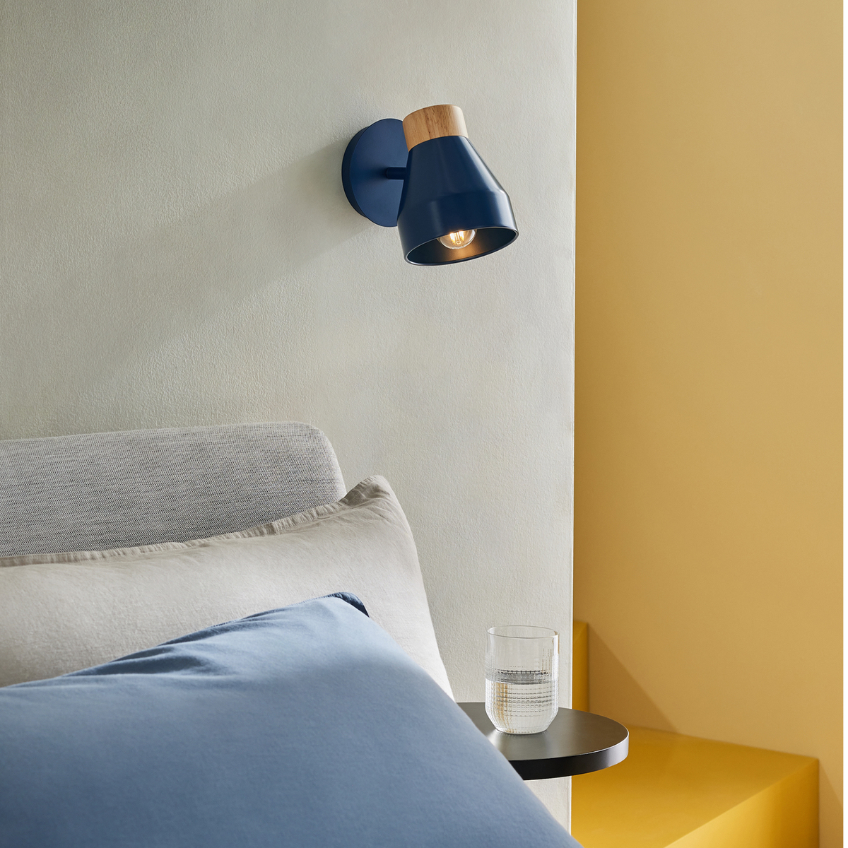 MADE.COM Albert Wall Spotlight in Navy Blue with Rubberwood Detail