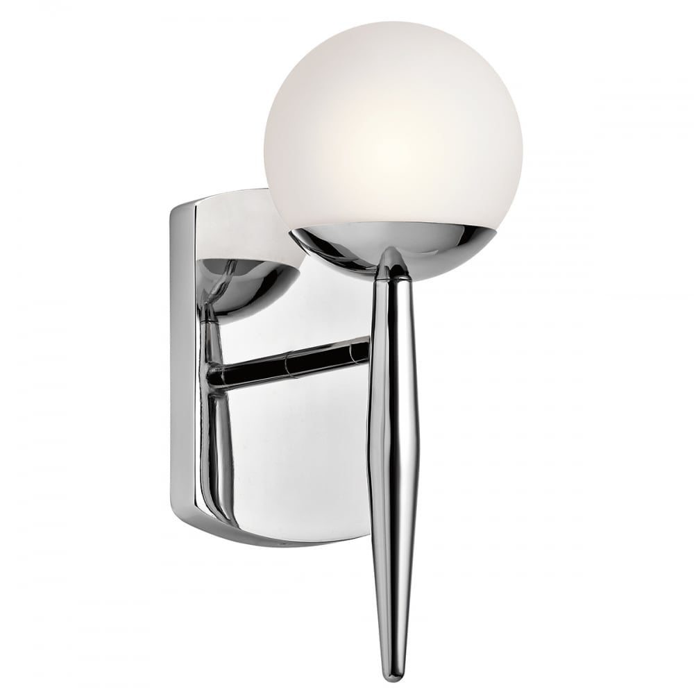Modern wall light with chrome finish and white globe shade on white background.