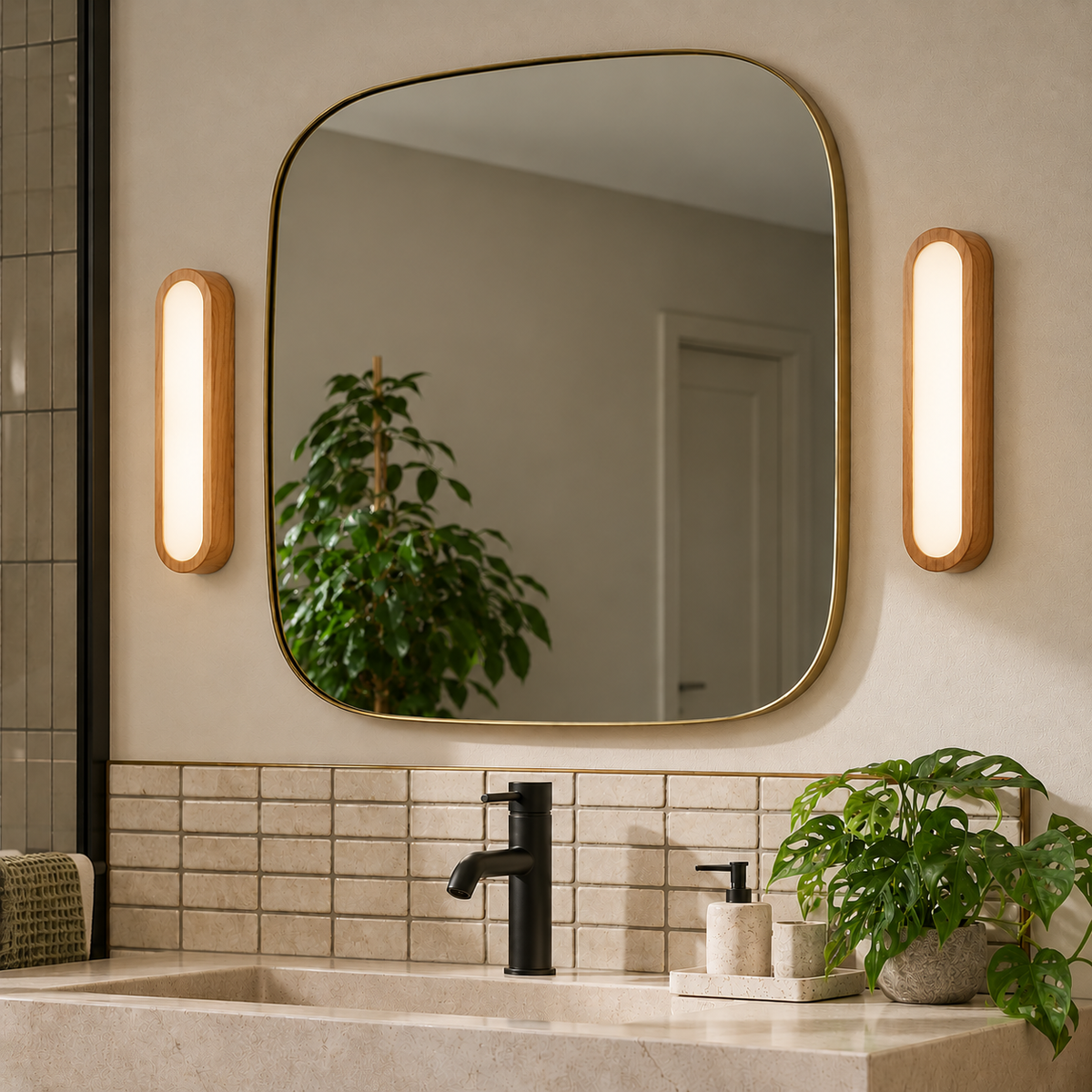 MADE Nura wood effect IP44 bathroom wall lights with opal diffusers beside a brass mirror