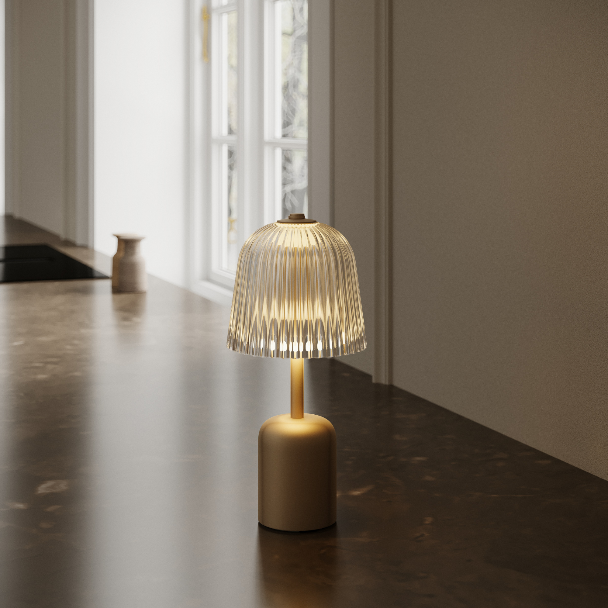 Nuura Asteea Portable LED Table Lamp - Satin Brass & Clear Ripple Shade