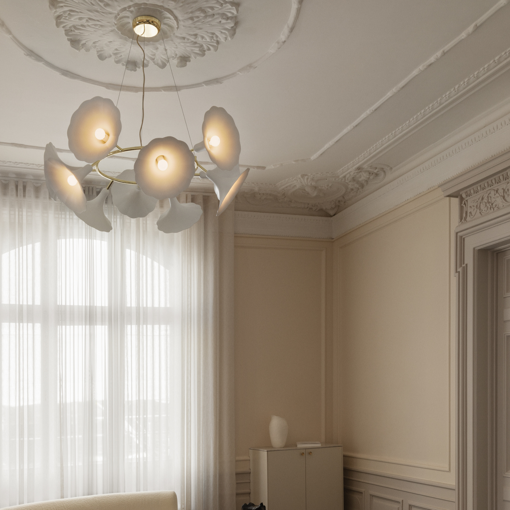 Nuura Petalii 10 Light Chandelier - White & Polished Brass