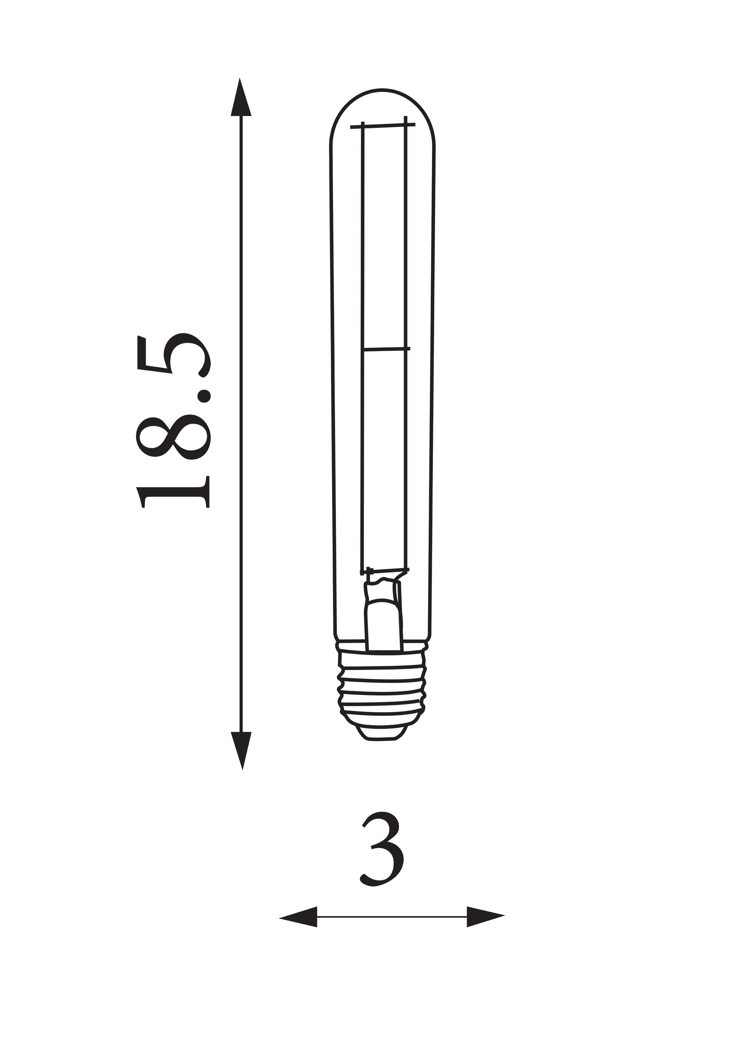 Technical line drawing of the Searchlight amber tubular LED bulb in the pack of 5, showing a height of 18.5cm and width of 3cm