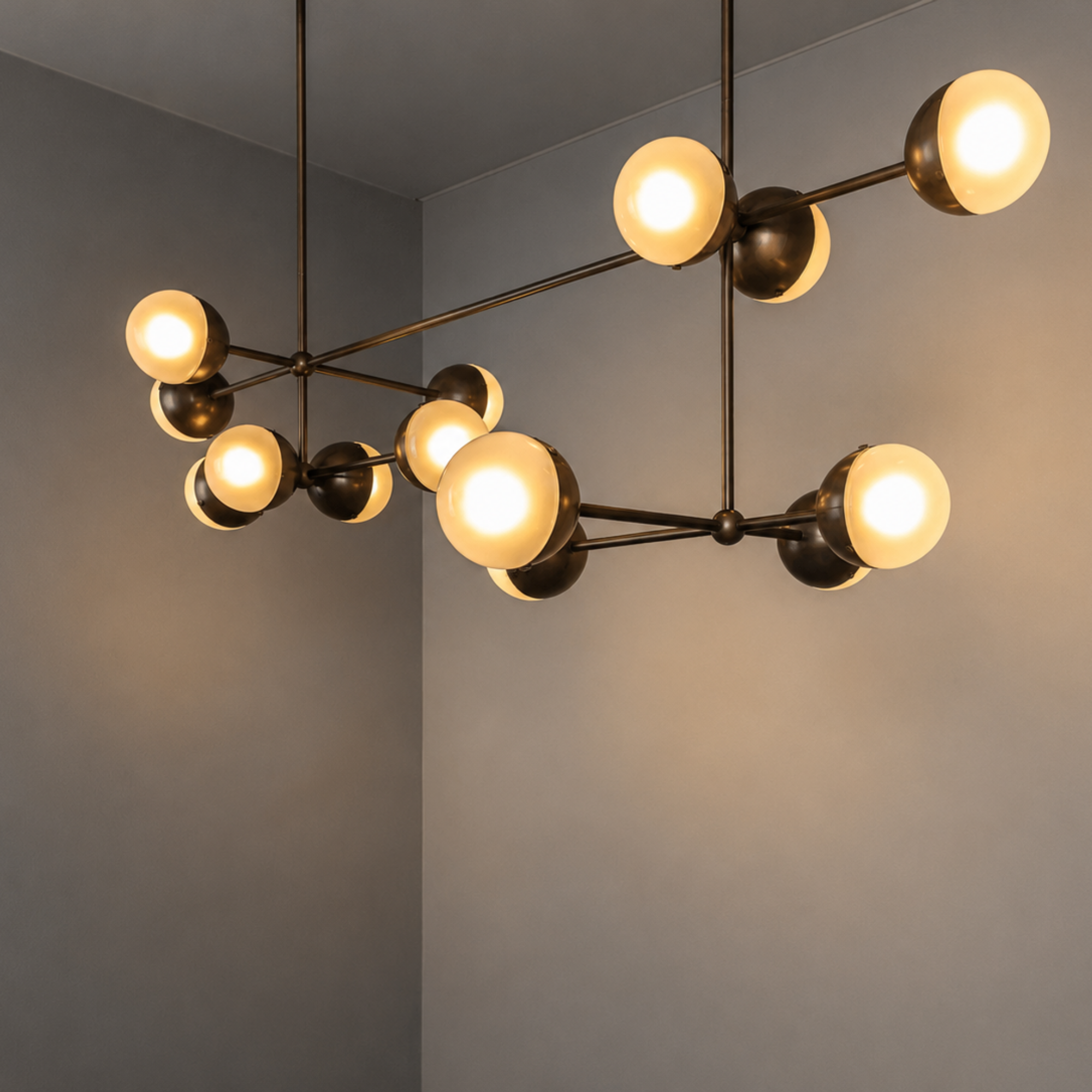 Schwung Molecule Linear 14 Light Chandelier - Frosted Glass