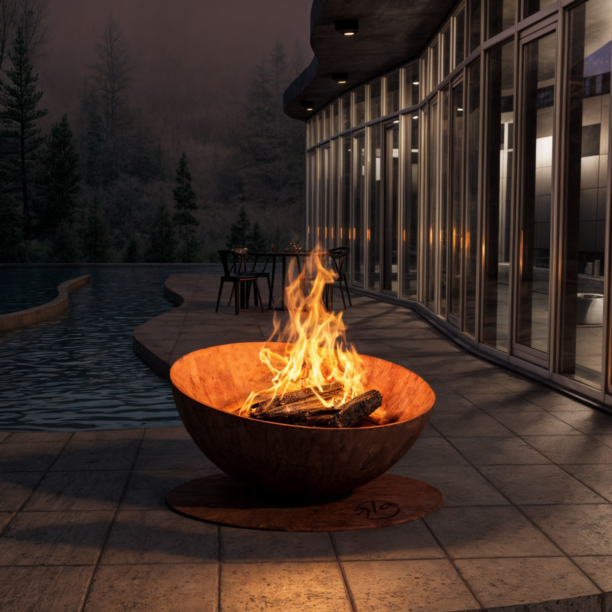 GlammFire Solace outdoor fire pit burning on a contemporary paved terrace beside a modern house at dusk