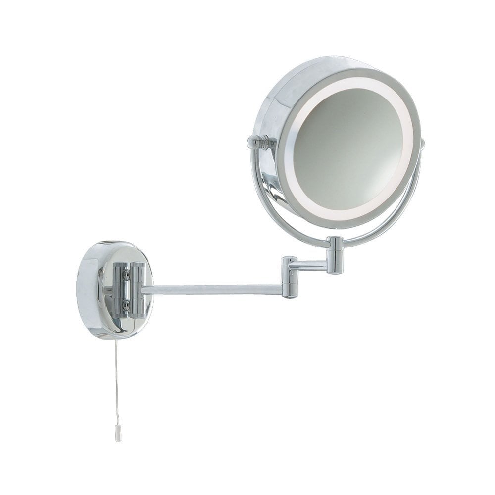 Wall-mounted makeup mirror with light on a white background