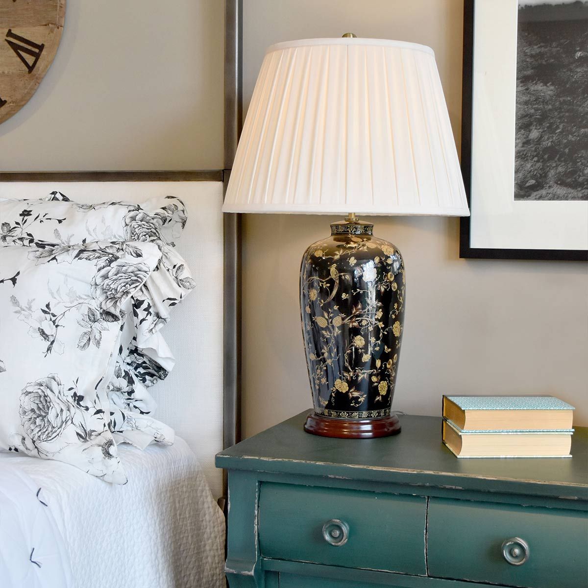 Elstead Black Birds Single Table Lamp - Black & Gold