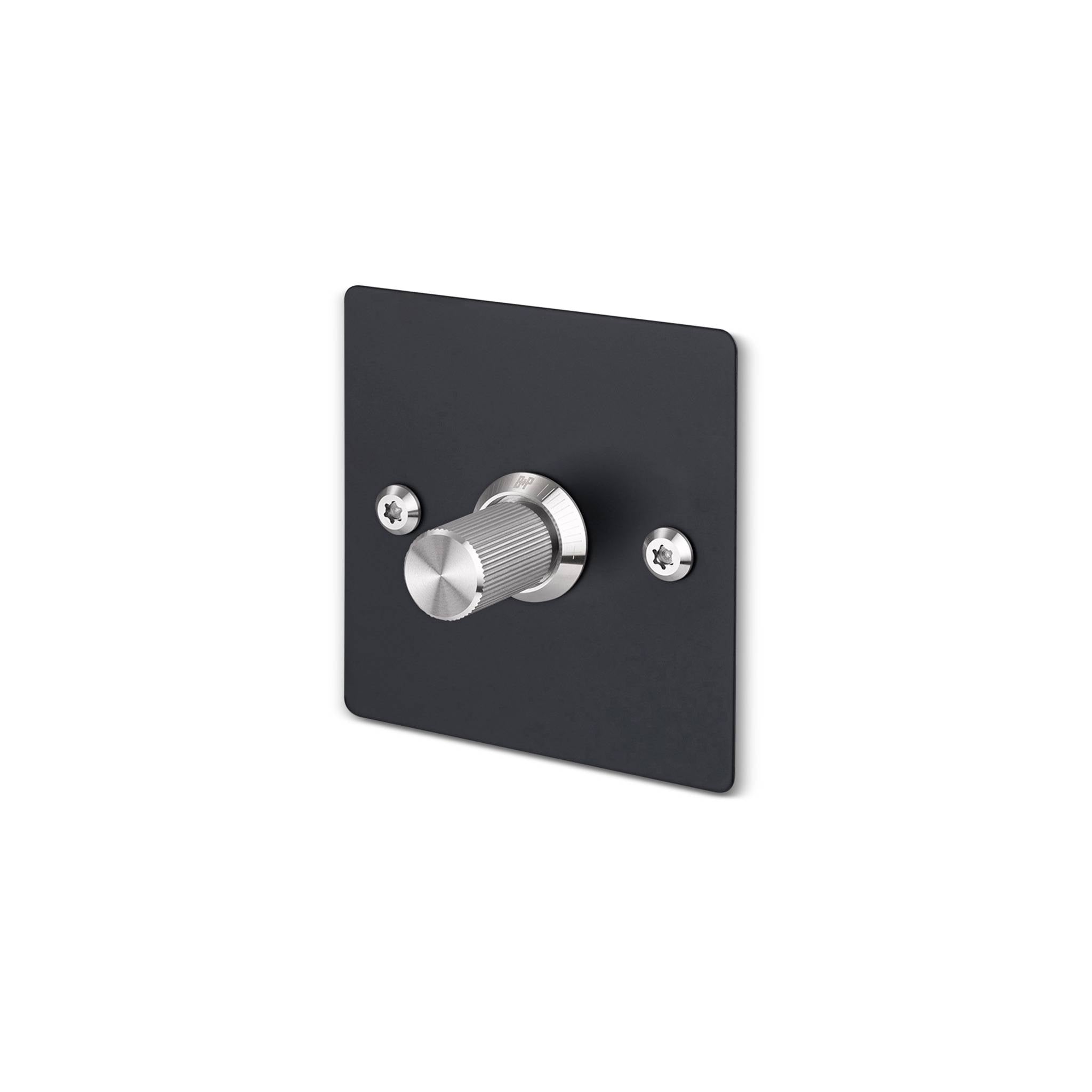 Buster + Punch 1G dimmer switch, black plate with steel linear knurl knob, isolated cutout