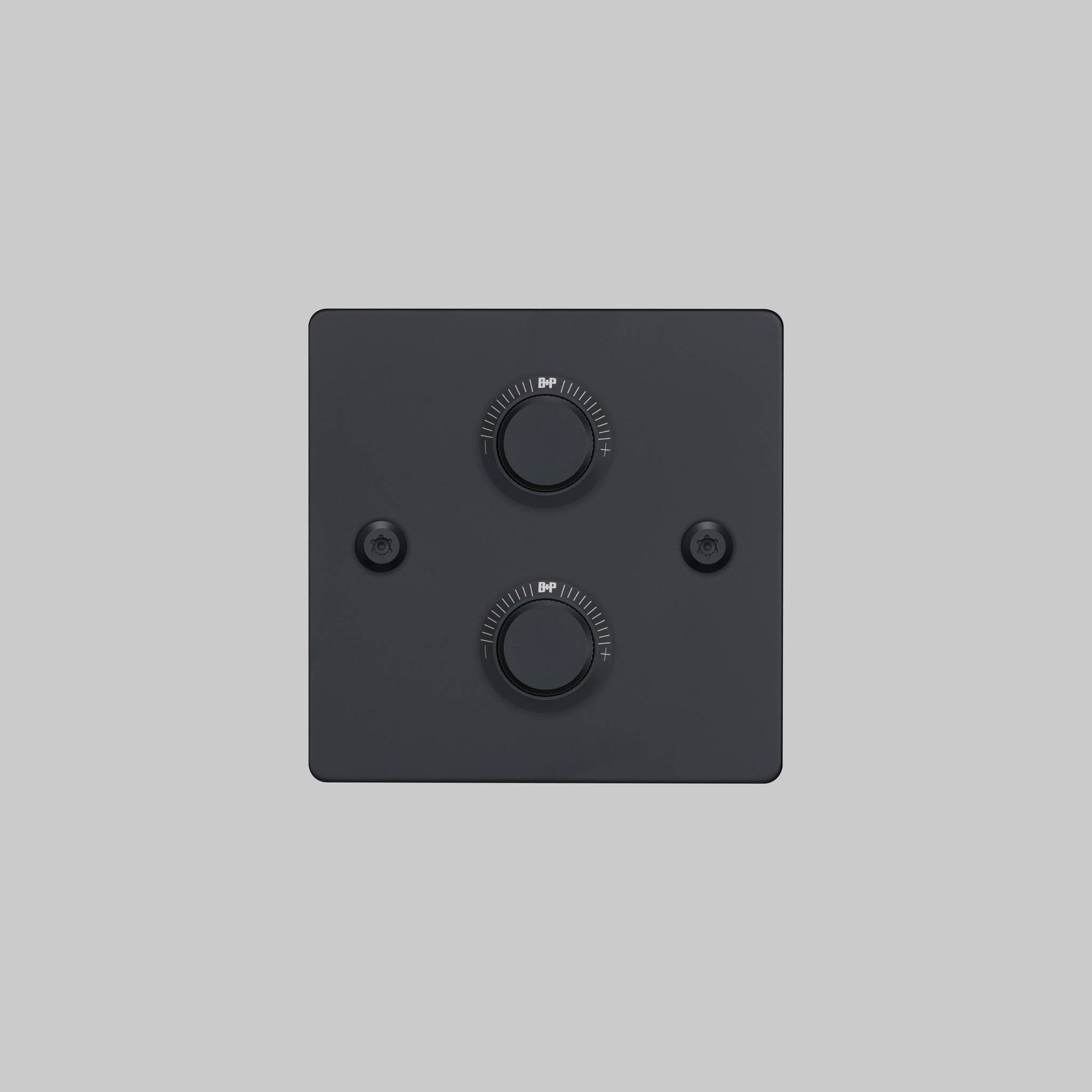 Buster + Punch 2G dimmer switch, black plate with black linear knurl knobs, front elevation