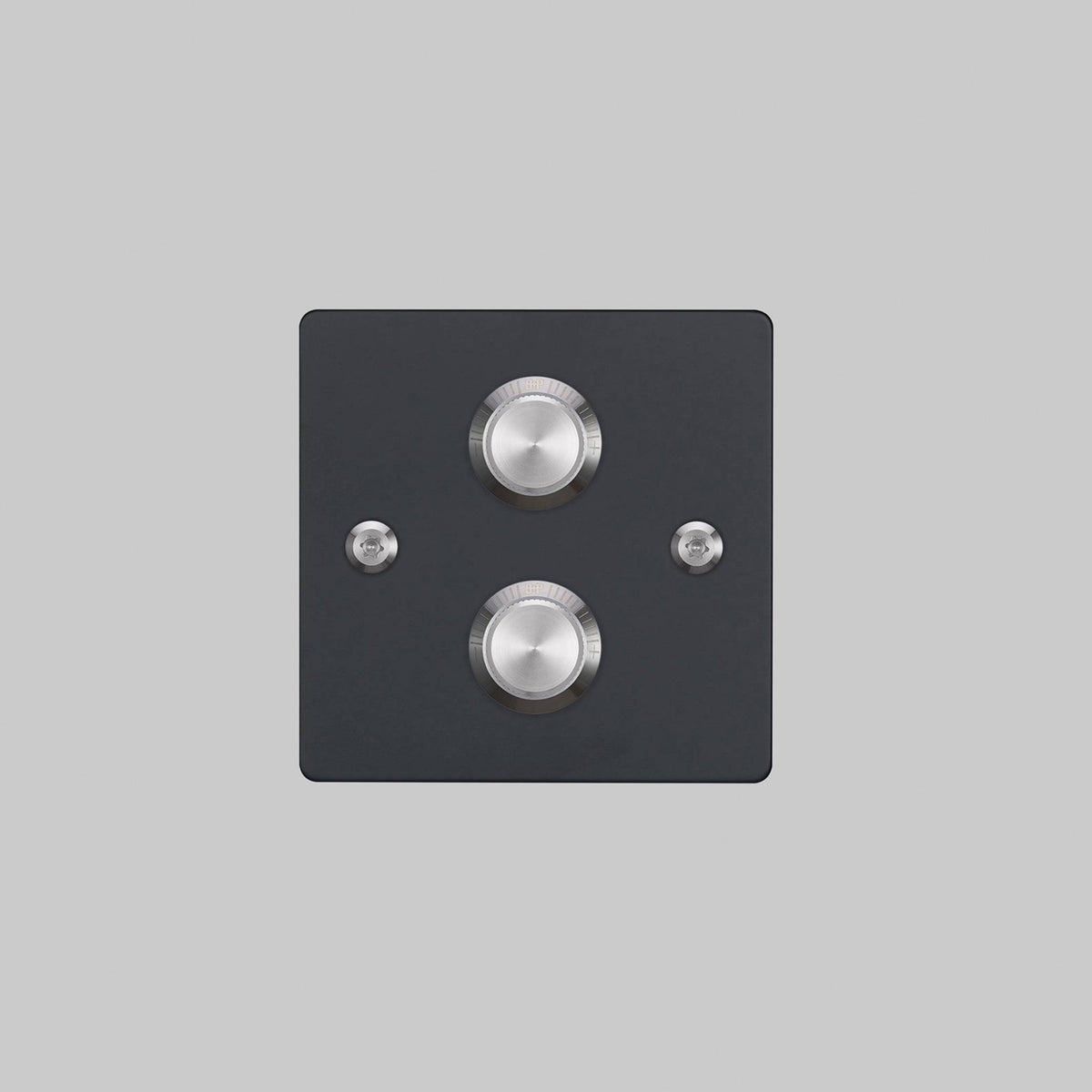 Buster + Punch 2G dimmer switch, black plate with steel linear knurl knobs, front elevation