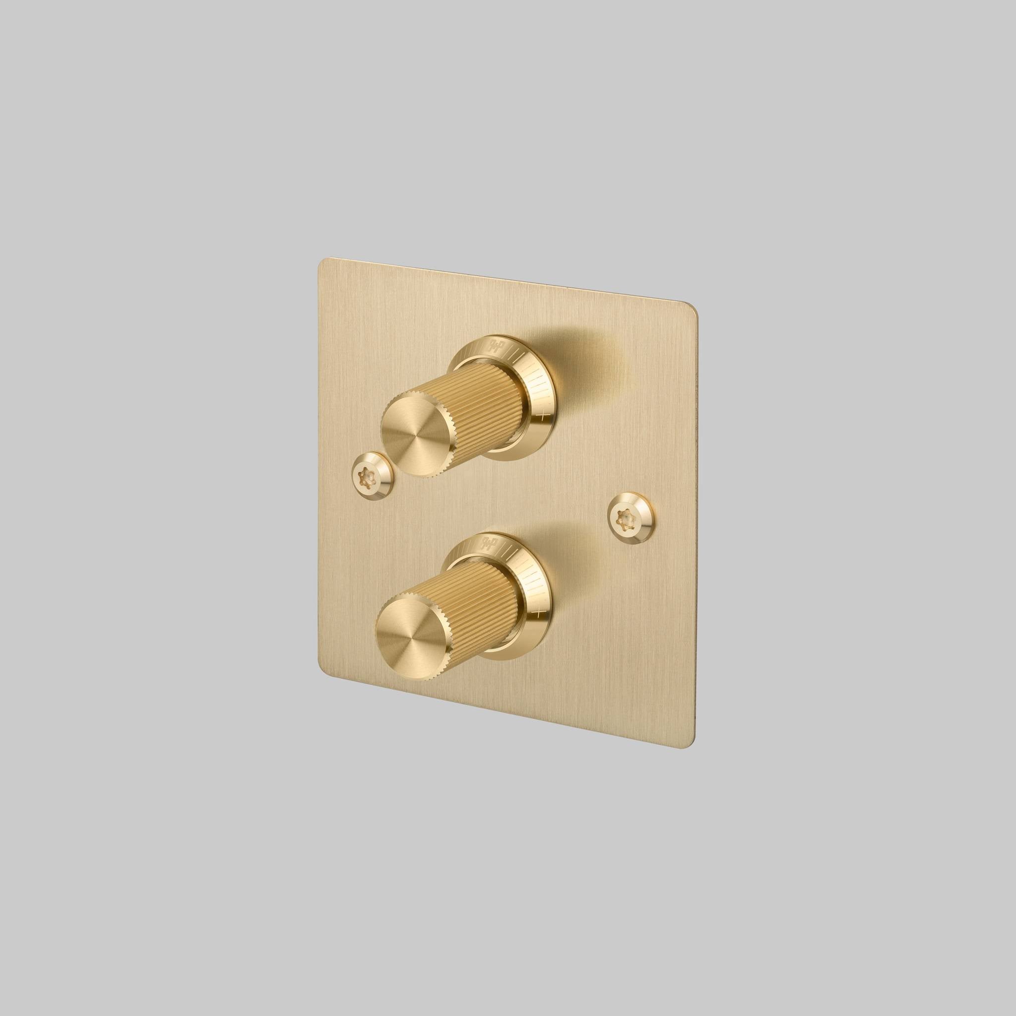Buster + Punch 2G dimmer switch, brass plate with brass linear knurl knobs, front view