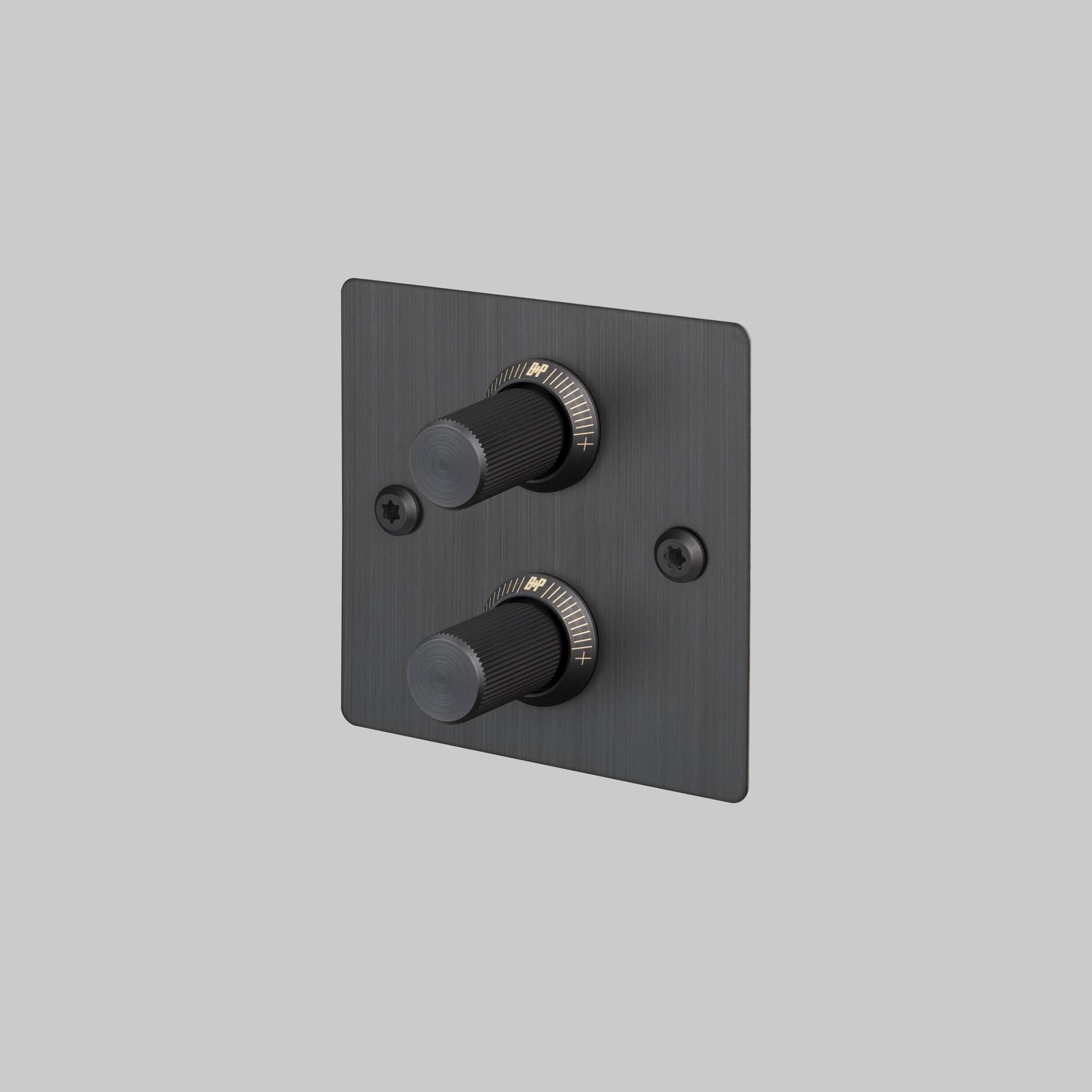 Buster + Punch 2G dimmer switch, smoked bronze plate with smoked bronze linear knurl knobs, front view