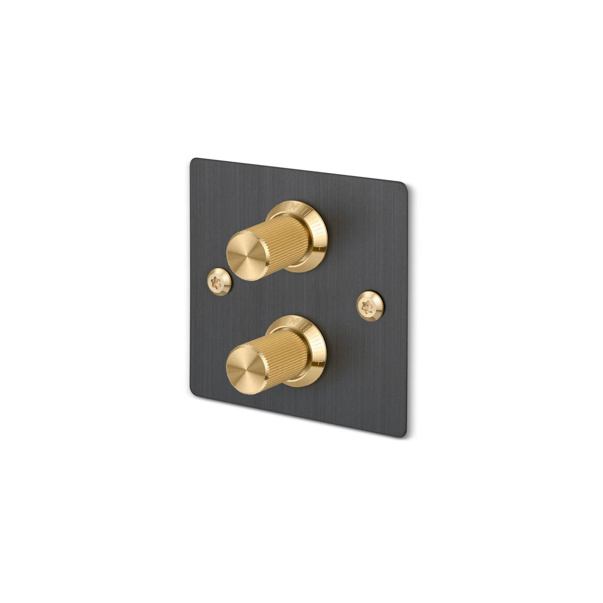 Buster + Punch 2G dimmer switch, smoked bronze plate with brass linear knurl knobs, isolated cutout