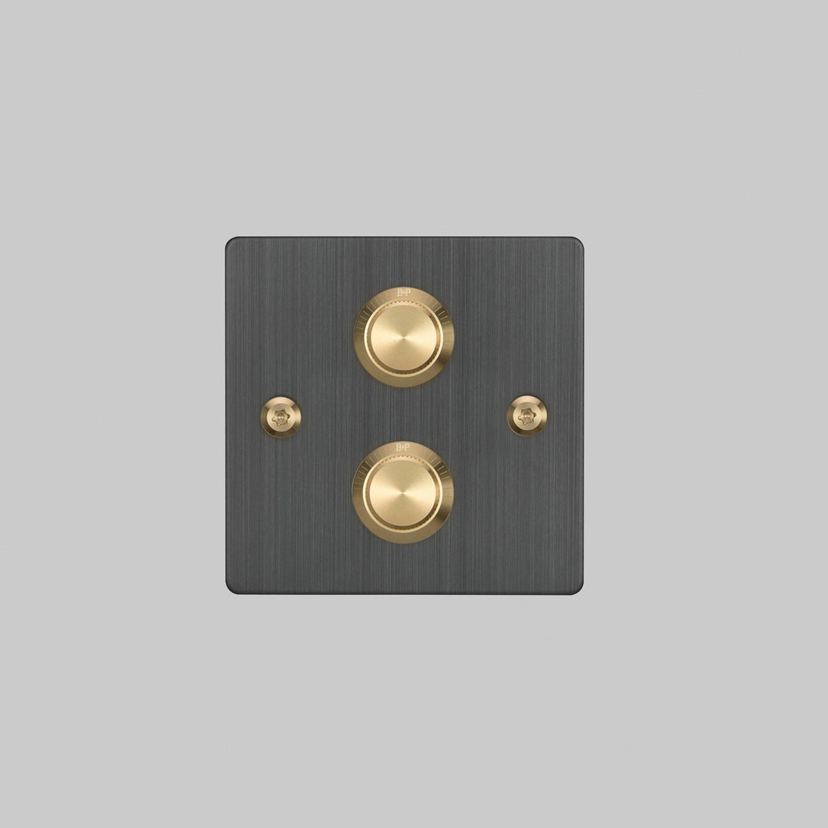 Buster + Punch 2G dimmer switch, smoked bronze plate with brass linear knurl knobs, front elevation