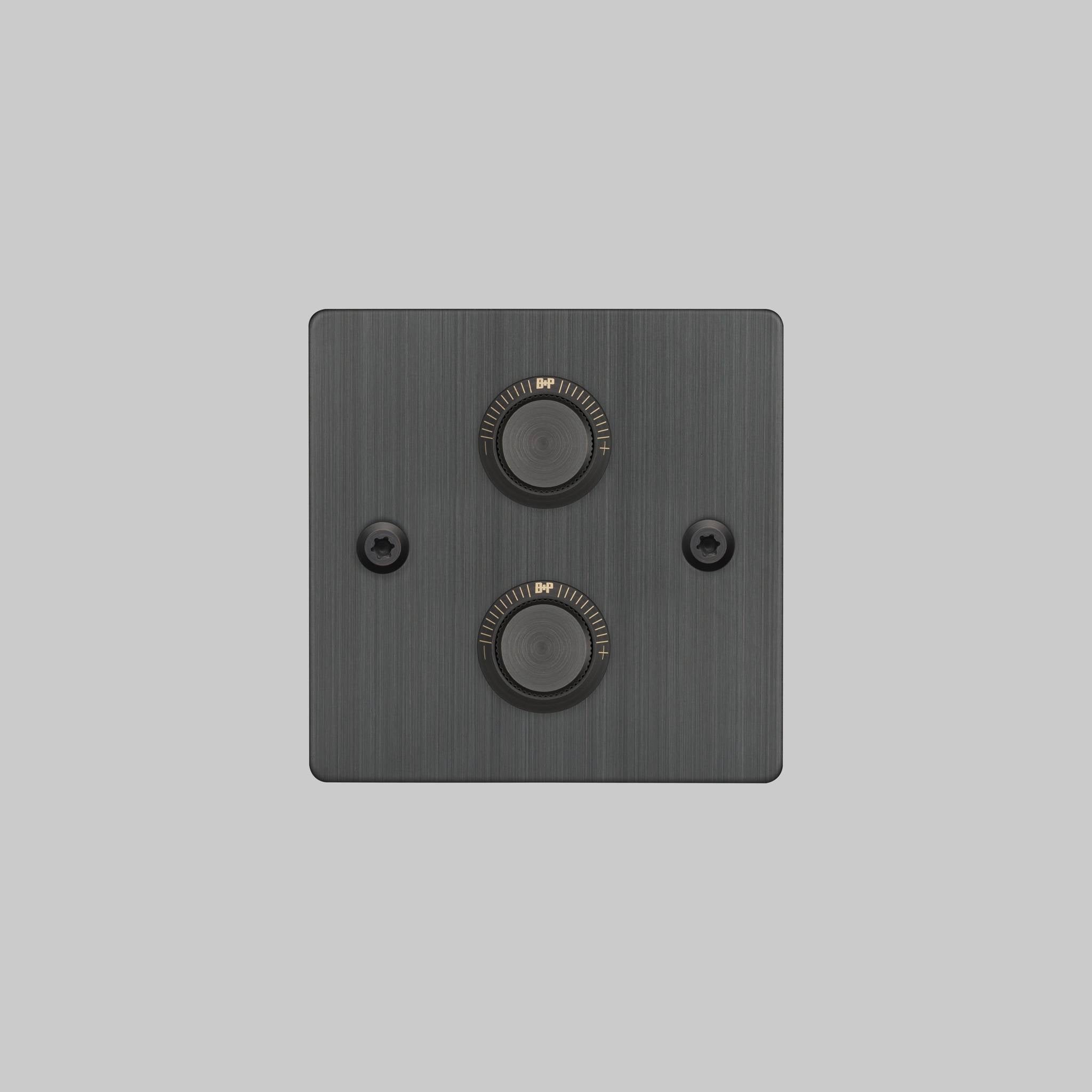 Buster + Punch 2G dimmer switch, smoked bronze plate with smoked bronze linear knurl knobs, front elevation