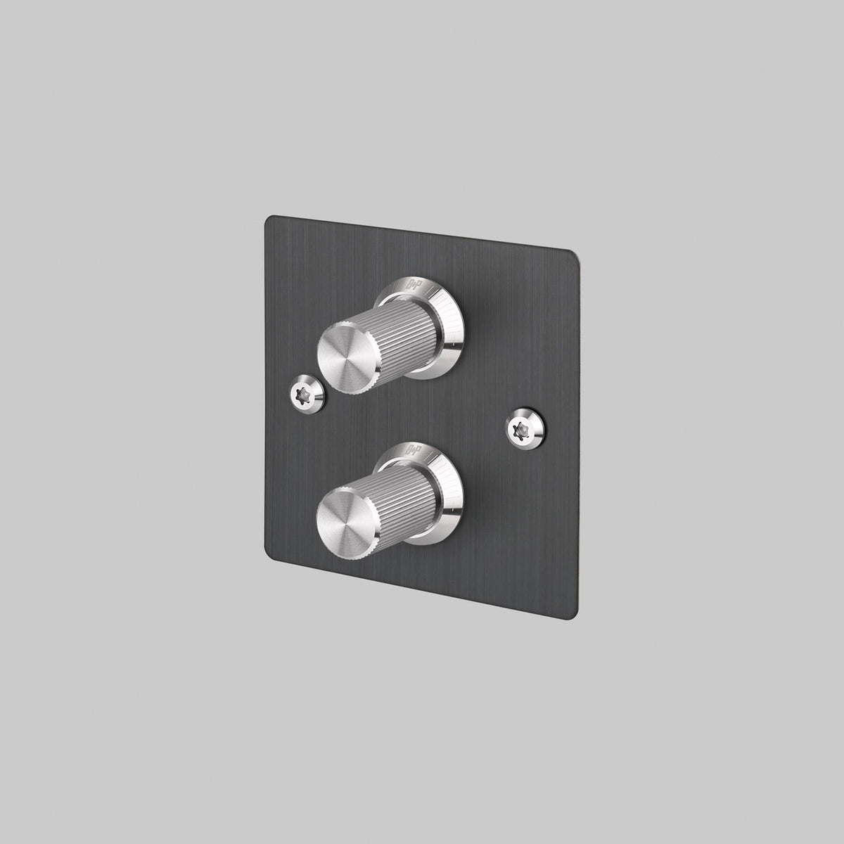 Buster + Punch 2G dimmer switch, smoked bronze plate with steel linear knurl knobs, front view