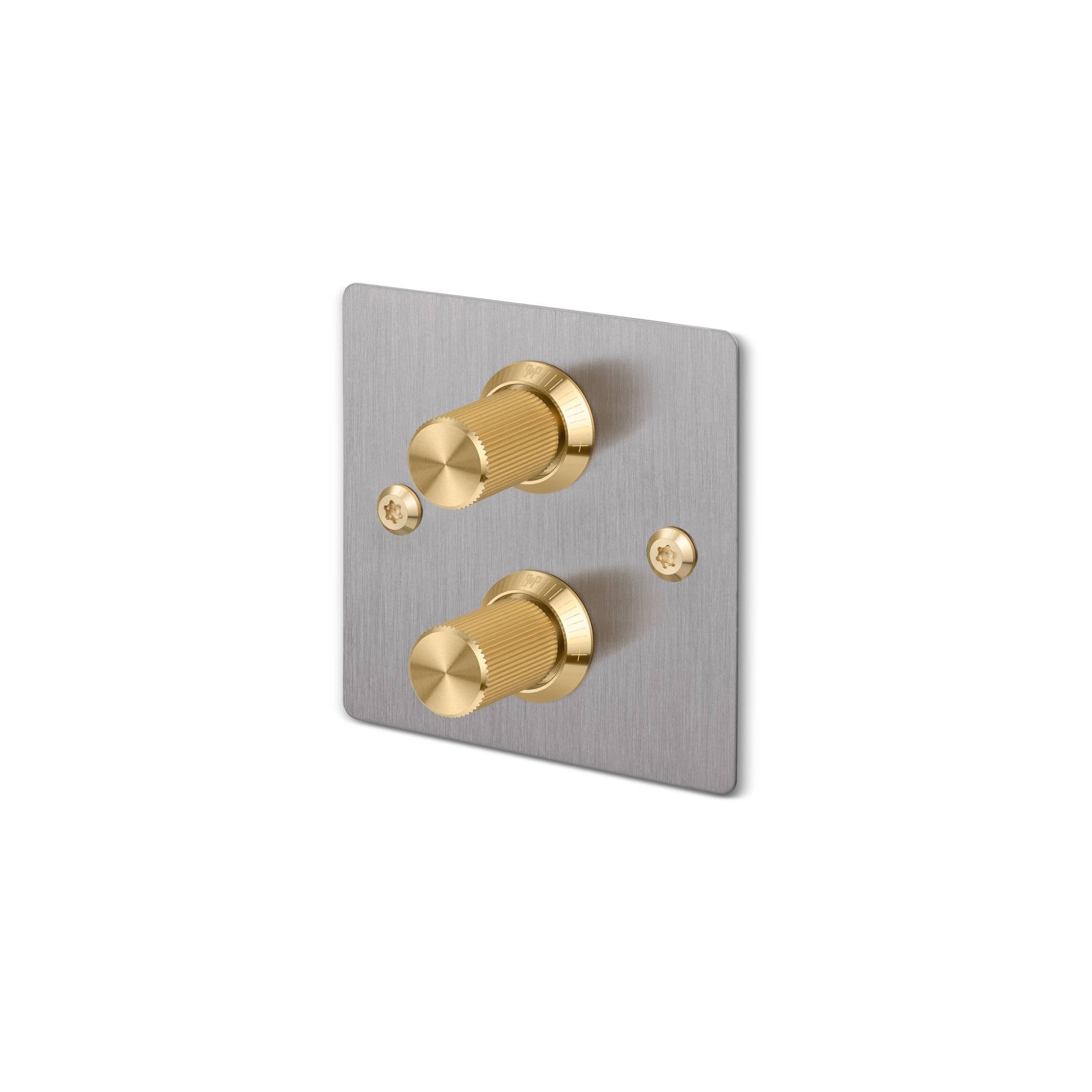 Buster + Punch 2G dimmer switch, steel plate with brass linear knurl knobs, isolated cutout