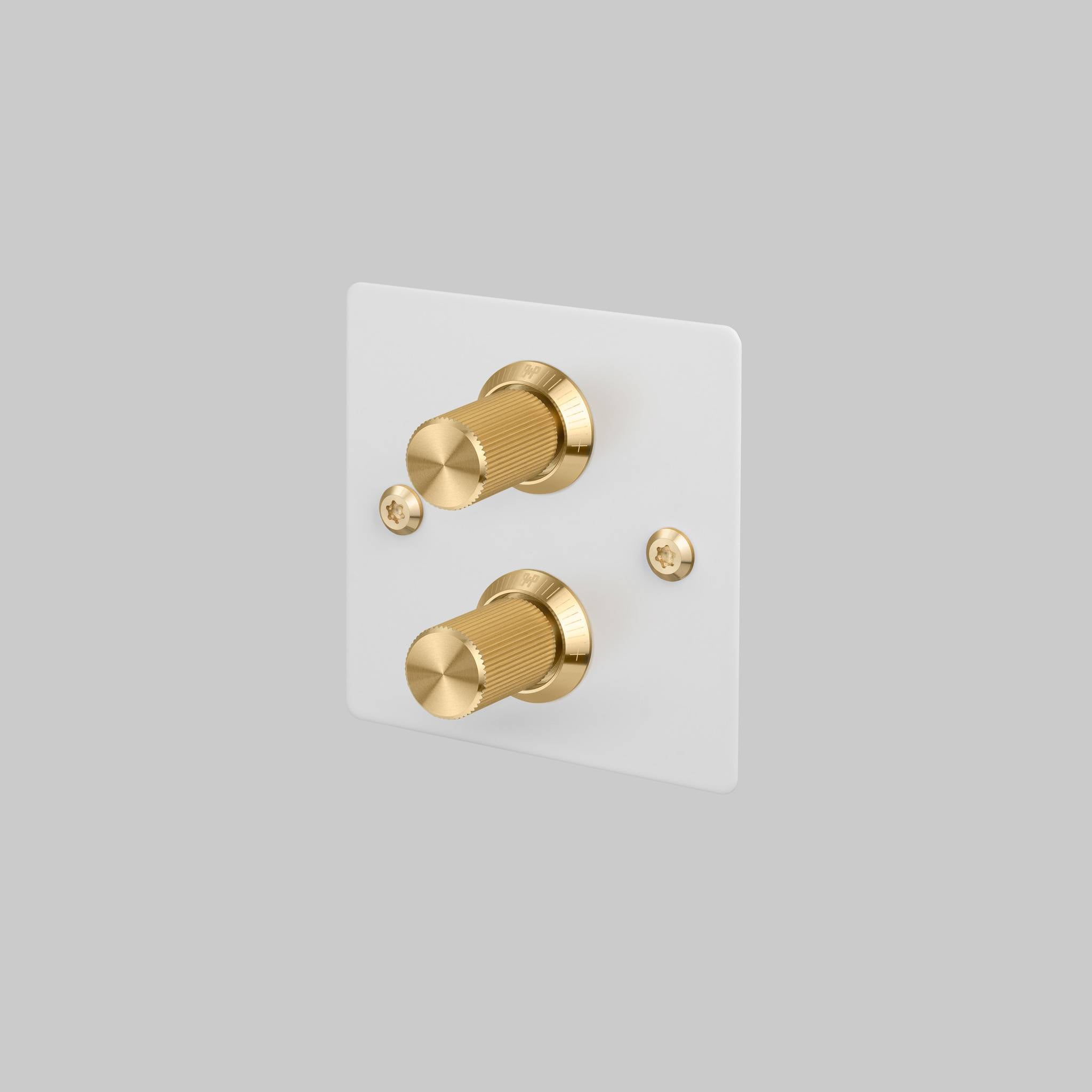 Buster + Punch 2G dimmer switch, white plate with brass linear knurl knob, front view