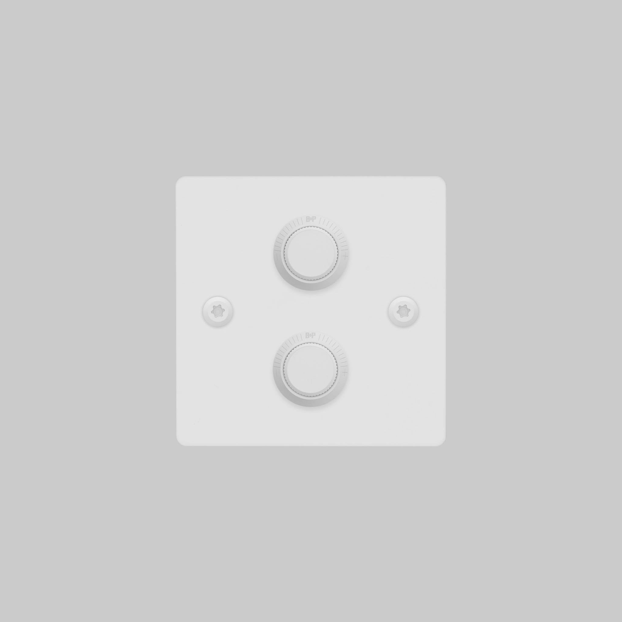 Buster + Punch 2G dimmer switch, white plate with white linear knurl knob, elevated angle view