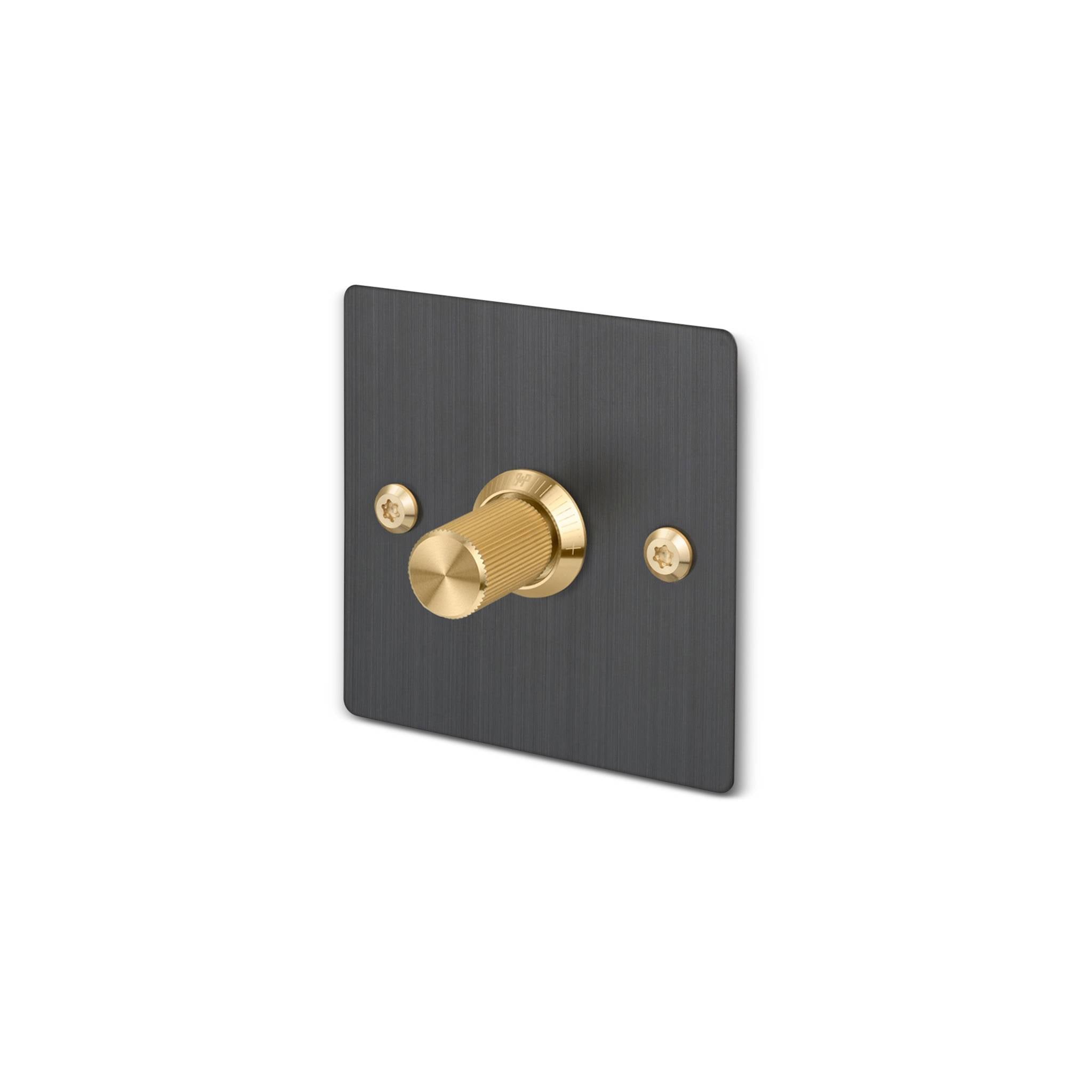 Buster + Punch 1G Dimmer switch, Smoked Bronze plate with Brass linear knurl knob, isolated cutout