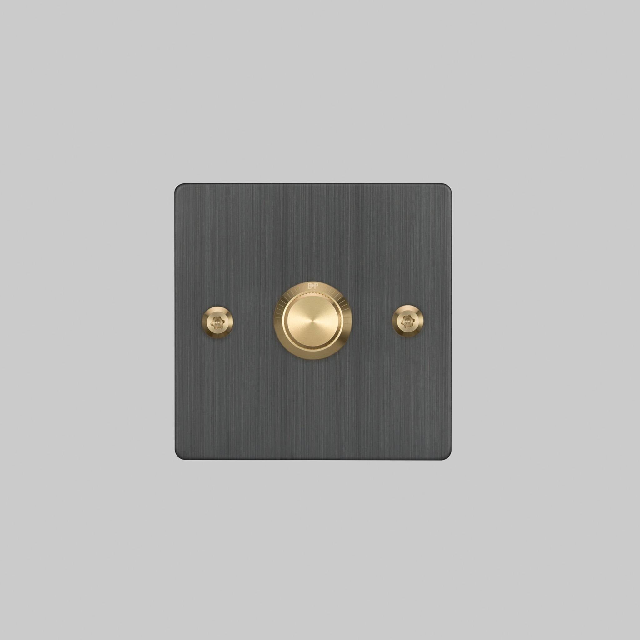 Buster + Punch 1G Dimmer switch, Smoked Bronze plate with Brass linear knurl knob, elevated angle